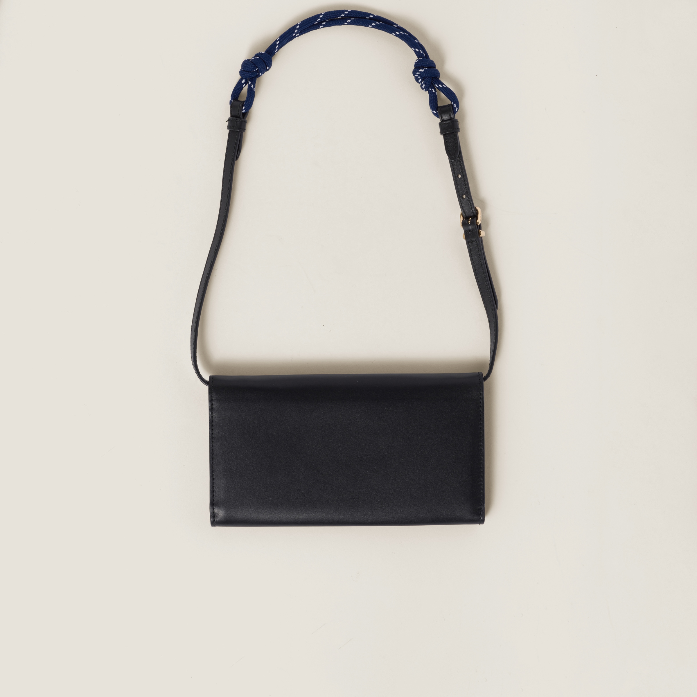 Shop Miumiu Leather Wallet With Leather And Cord Shoulder Strap In Black/baltic Blue