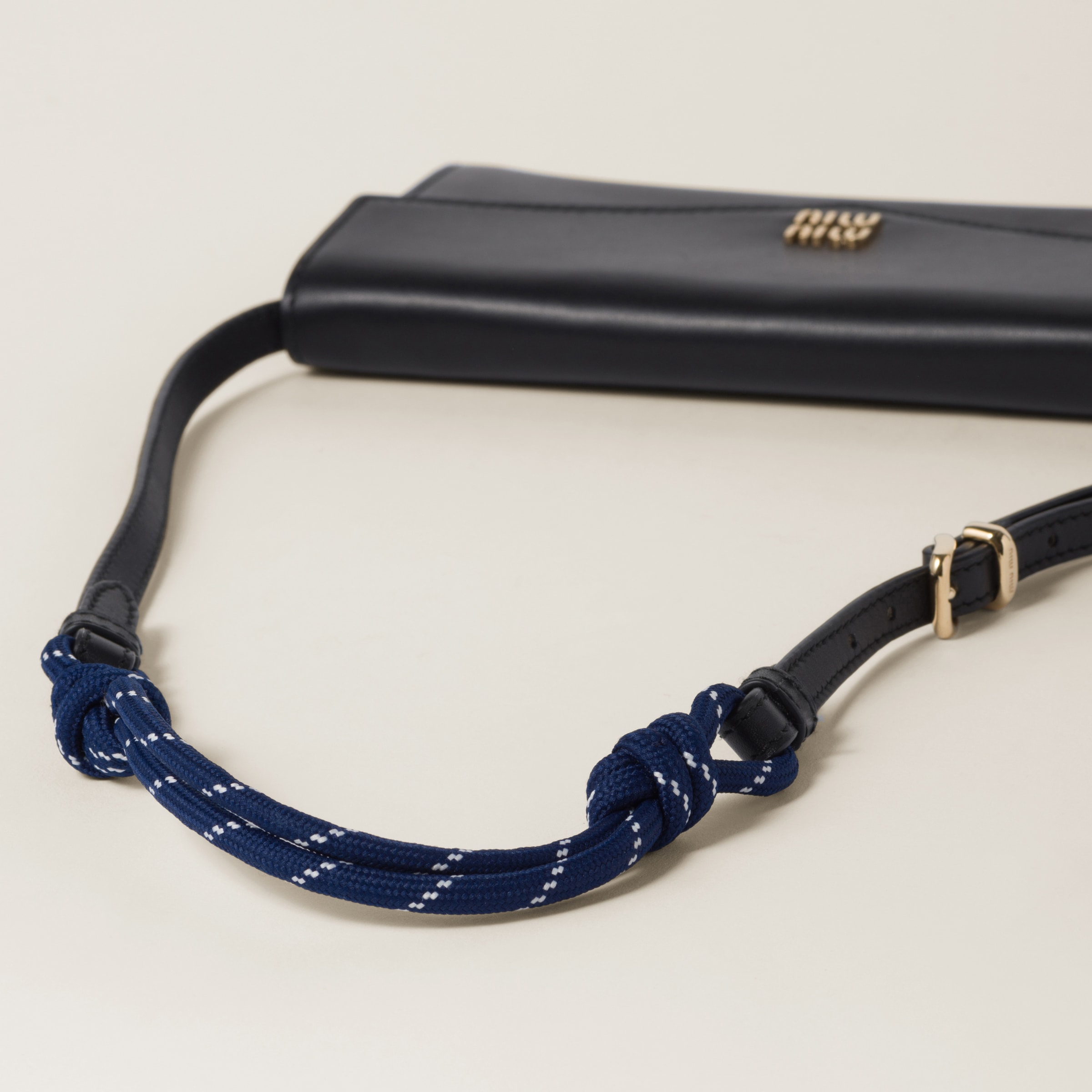 Shop Miumiu Leather Wallet With Leather And Cord Shoulder Strap In Black/baltic Blue