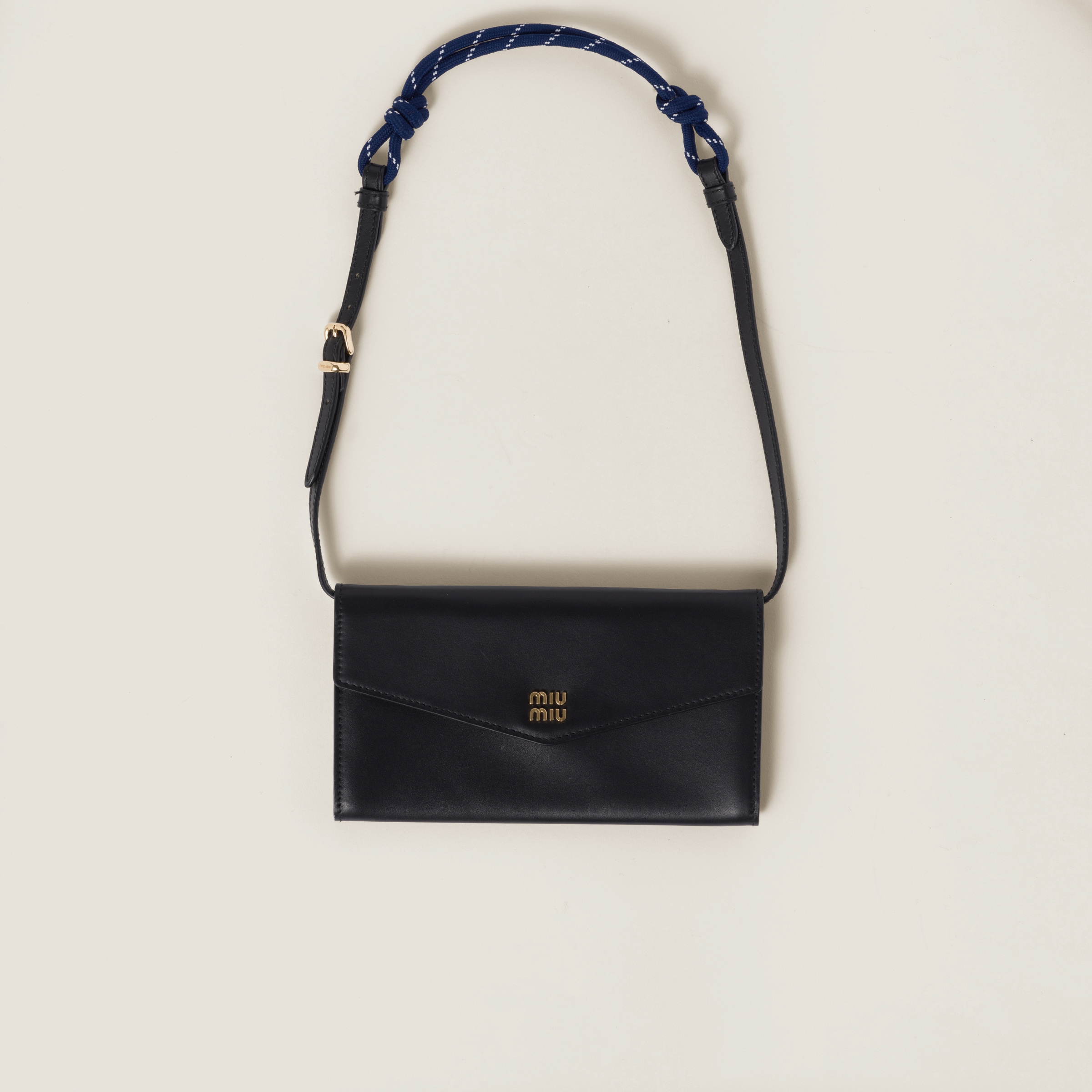 Miumiu Leather Wallet With Leather And Cord Shoulder Strap In Black/baltic Blue