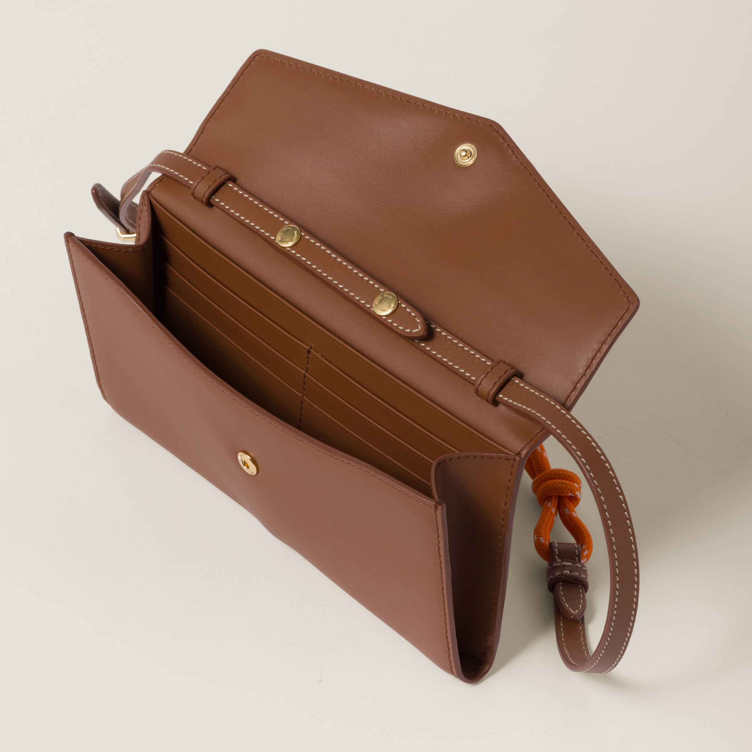 Cognac orange Leather Wallet With Leather And Cord Shoulder Strap Miu Miu