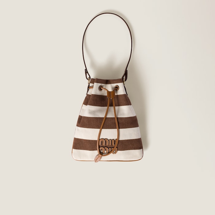 ◆完売前に◆【MiuMiu】ストライプ ドローストリングポーチ ダークブラウン／ナチュラル ストライプ ファブリック ドロー