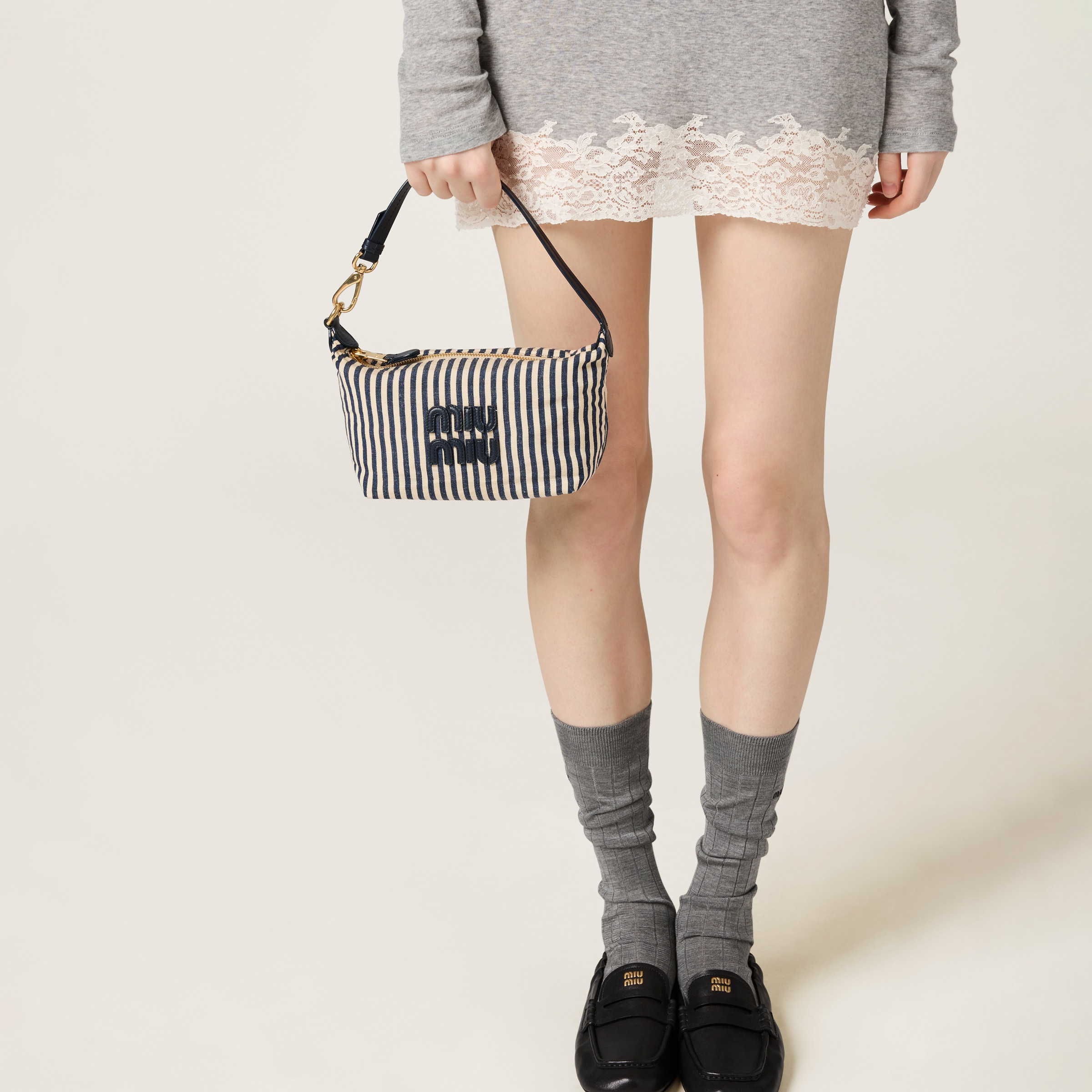 Beige/baltic Blue Jacquard Fabric Pouch With Logo | Miu Miu