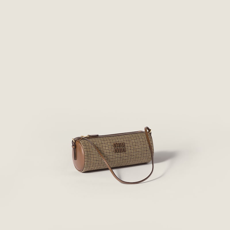 Houndstooth wool and leather pouch