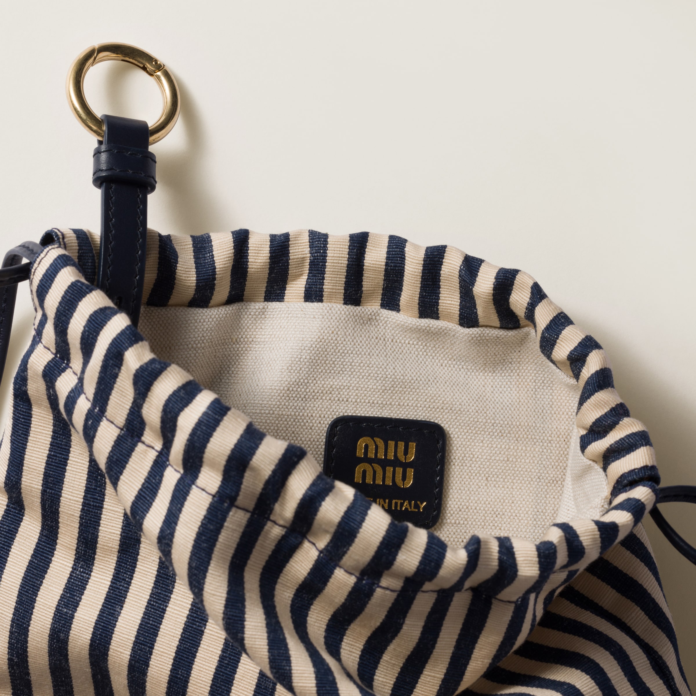 Beige/baltic Blue Striped Fabric Drawstring Pouch | Miu Miu