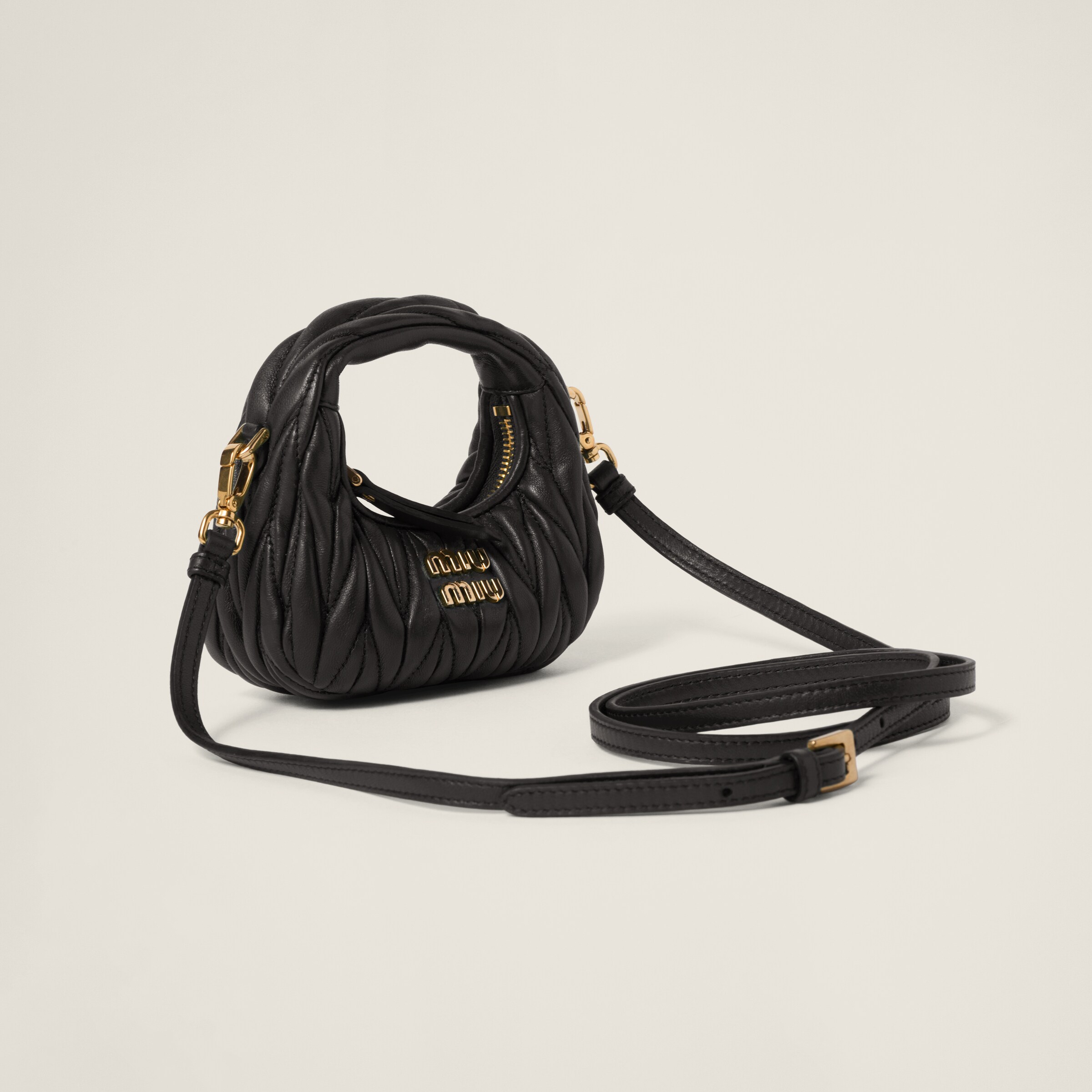 Miu Miu Wander Matelassé Nappa Leather Micro Hobo Bag In Black