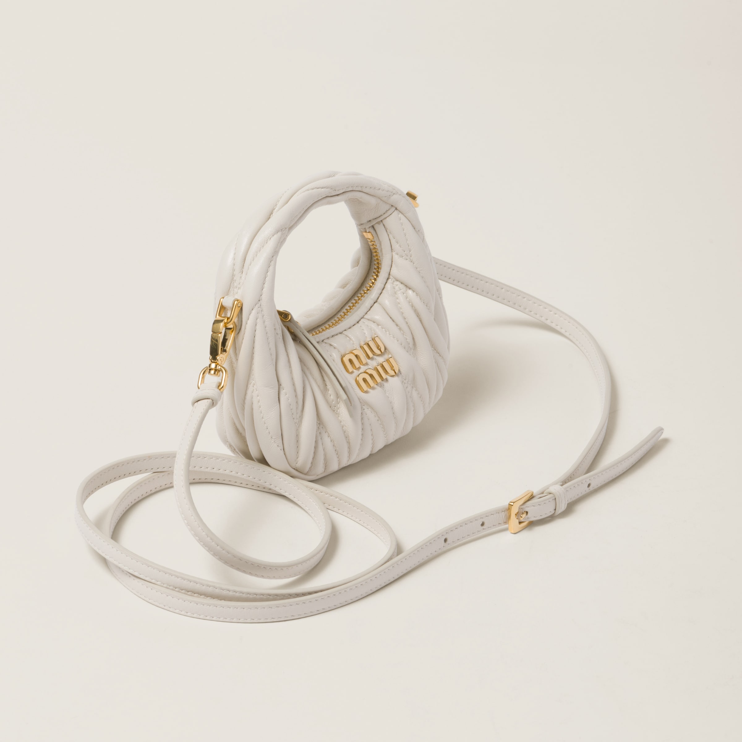 Miu Miu Wander Matelassé Nappa Leather Micro Hobo Bag In White
