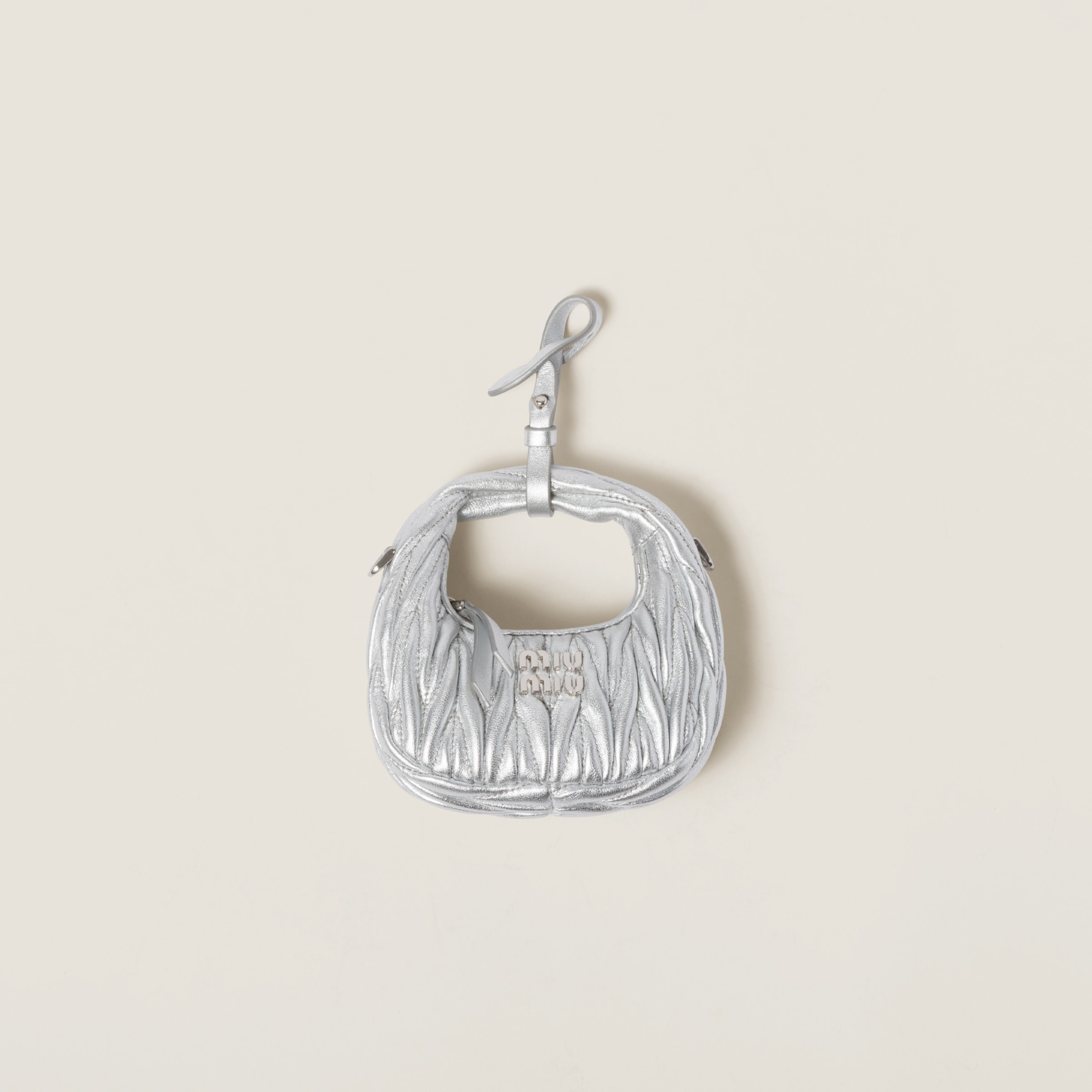 Miu Miu Wander Matelassé Nappa Leather Micro Hobo Bag In Silver
