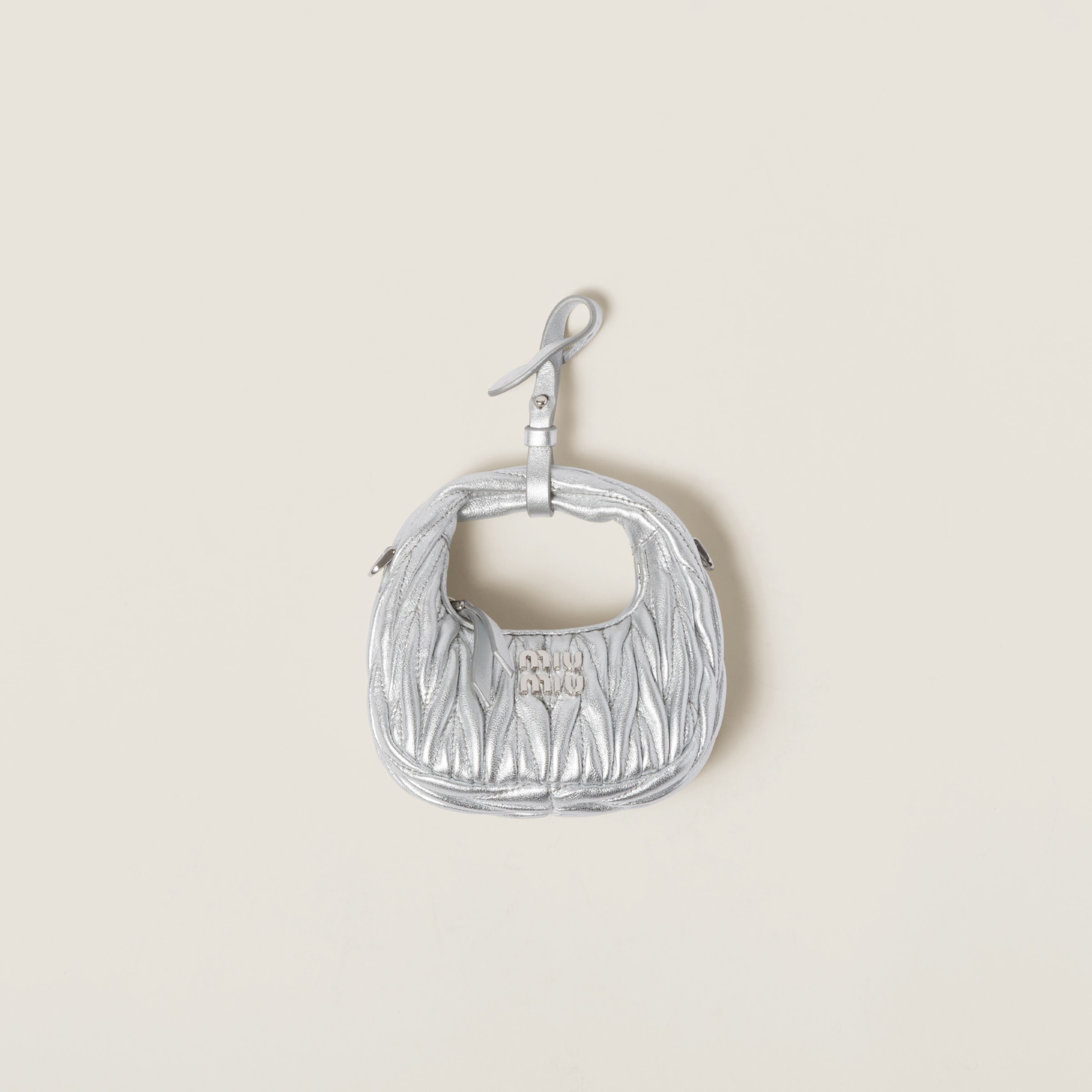 Miumiu Wander Matelassé Nappa Leather Micro Hobo Bag In Silver