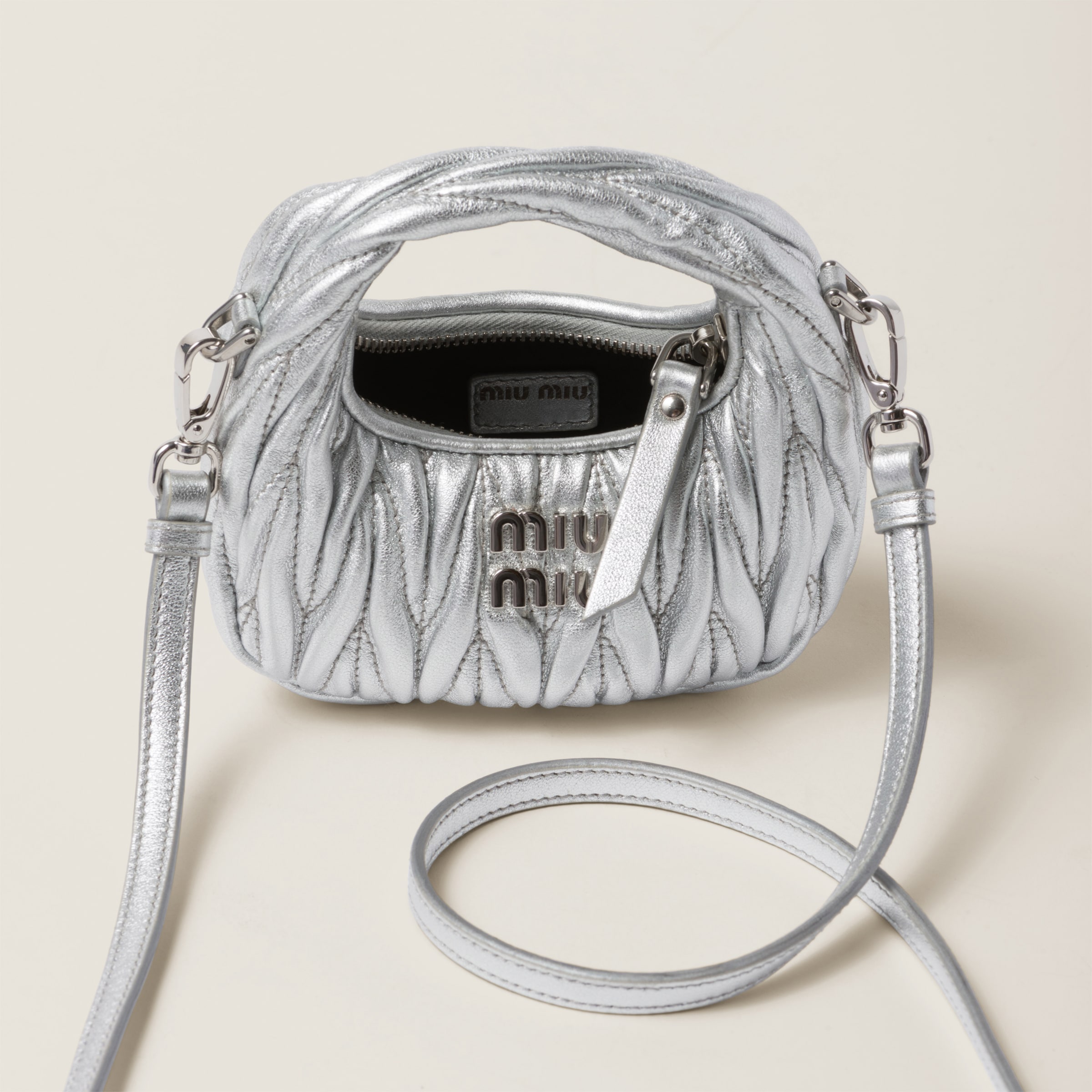 Shop Miumiu Wander Matelassé Nappa Leather Micro Hobo Bag In Silver