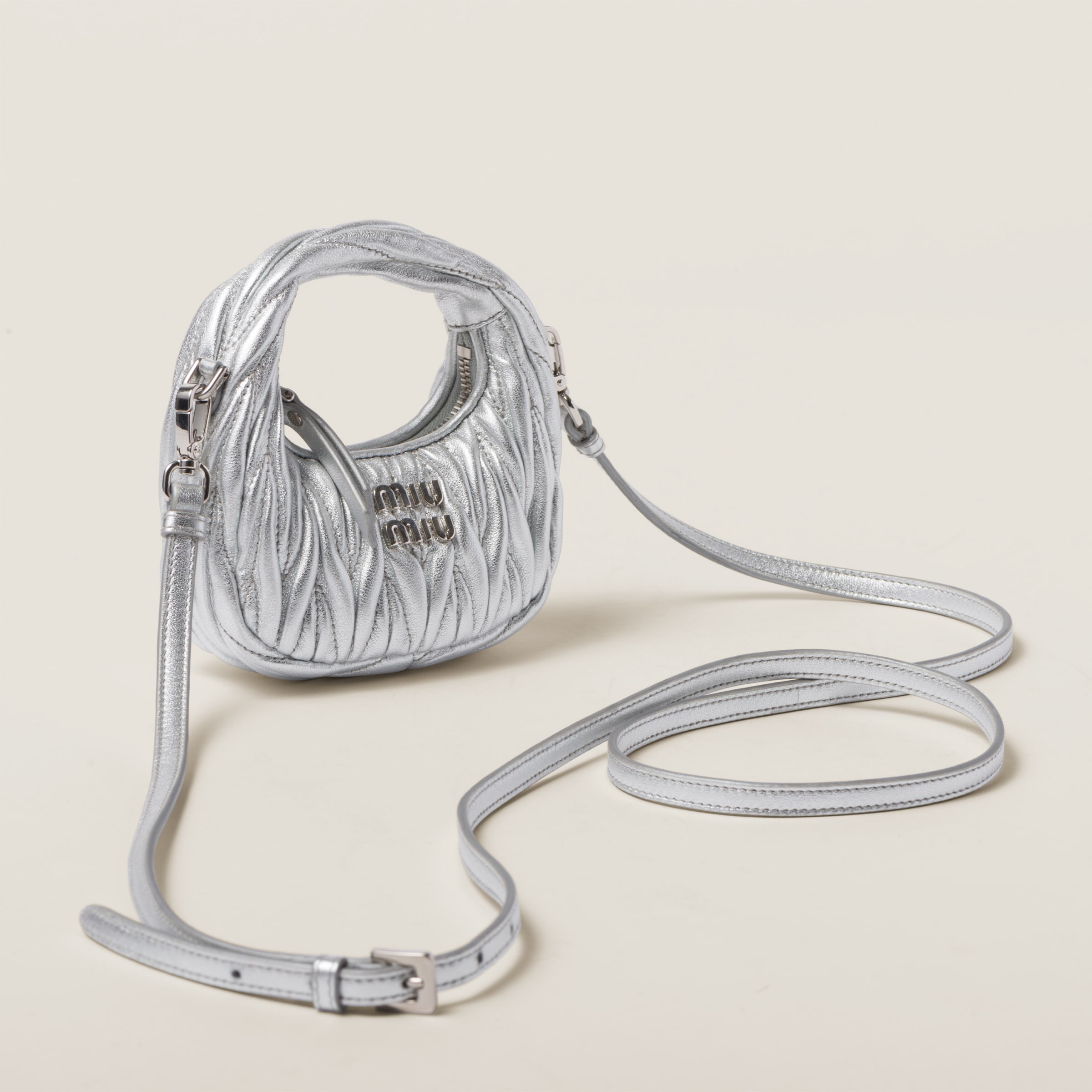 【在庫有】 Silver Wander Matelassé Nappa Leather Micro Hobo Bag | Miu Miu バッグ