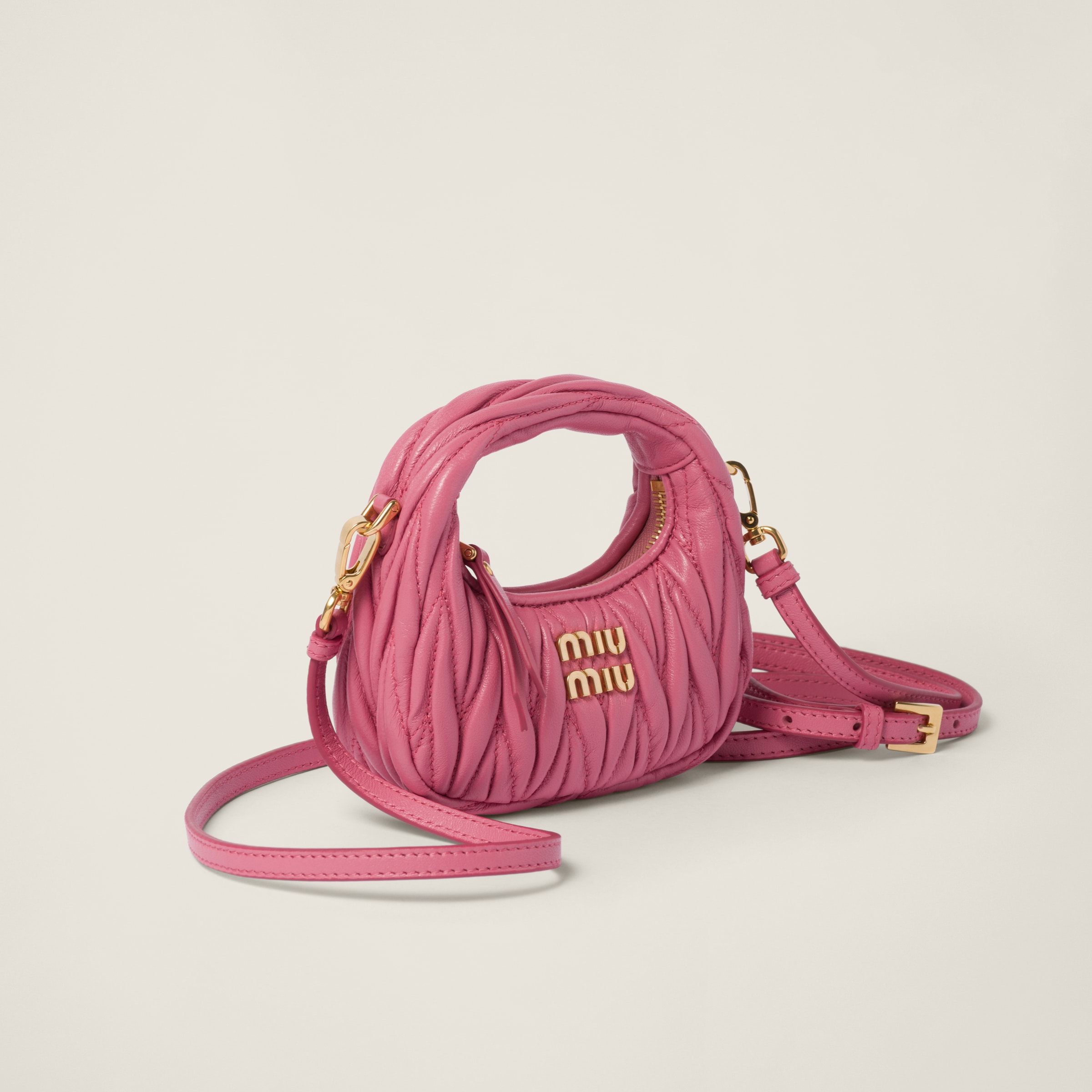 Shop Miumiu Wander Matelassé Nappa Leather Micro Hobo Bag In Begonia Pink