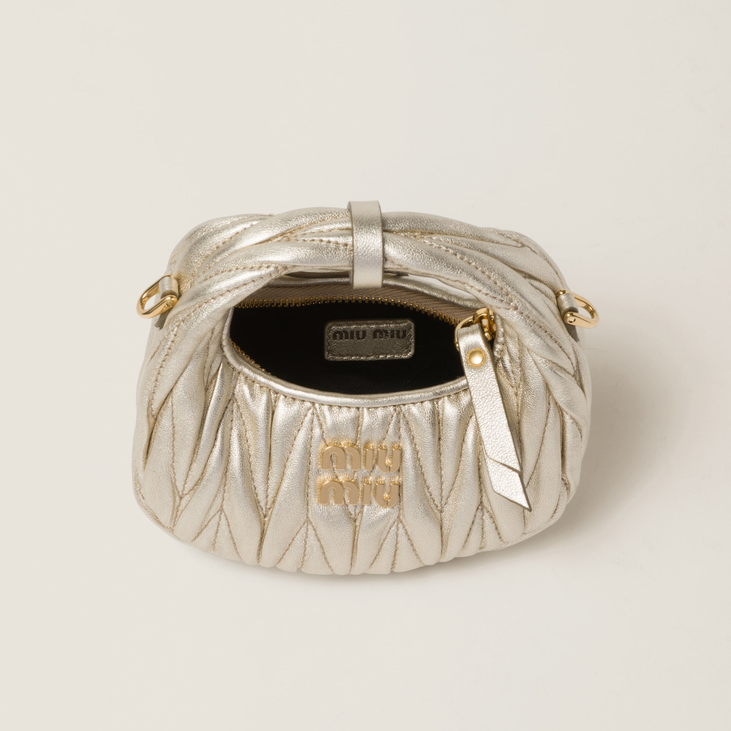 Miu Miu Wander Matelassé Nappa Leather Micro Hobo Bag In Pyrite