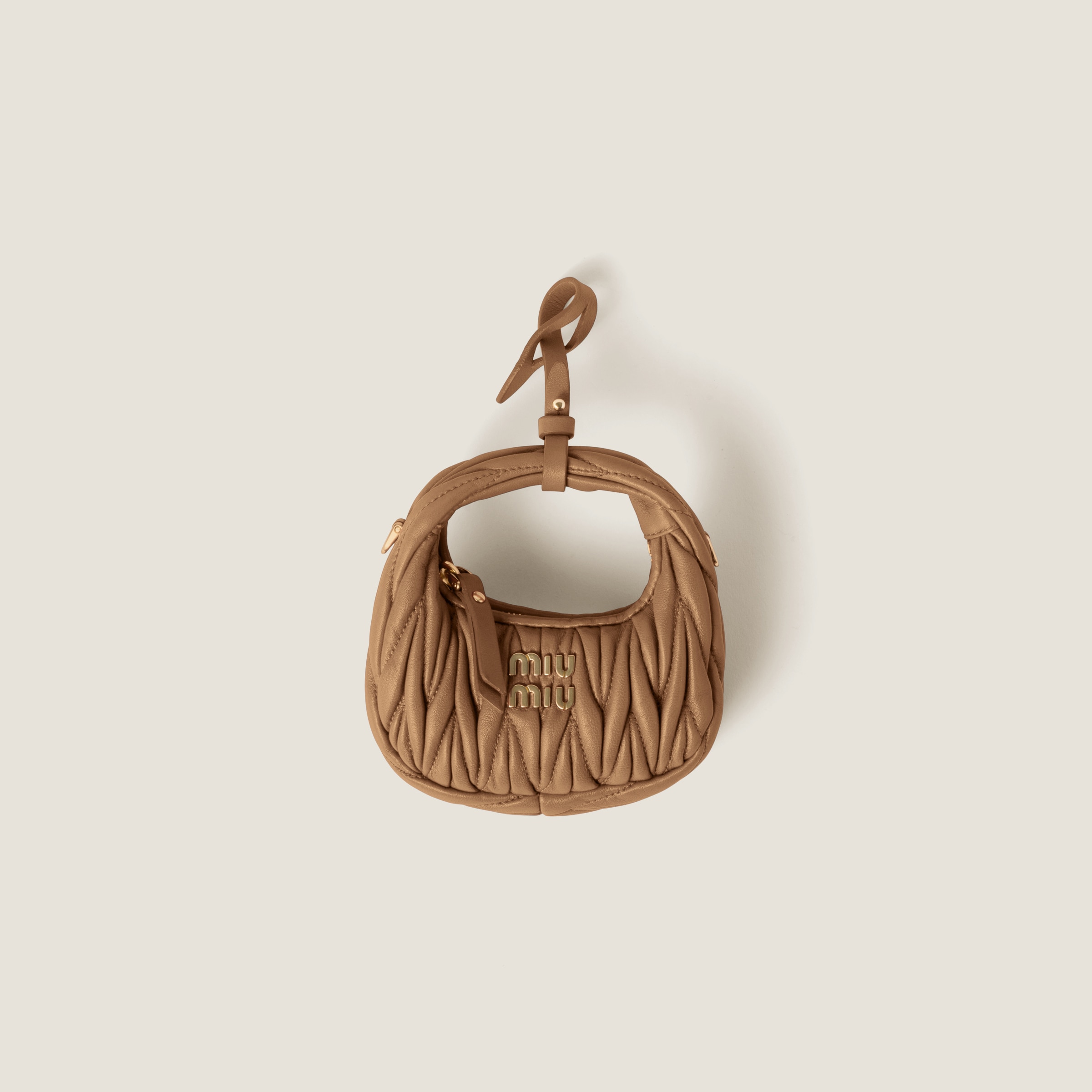 Miu Miu Wander Matelassé Nappa Leather Micro Hobo Bag In Caramel
