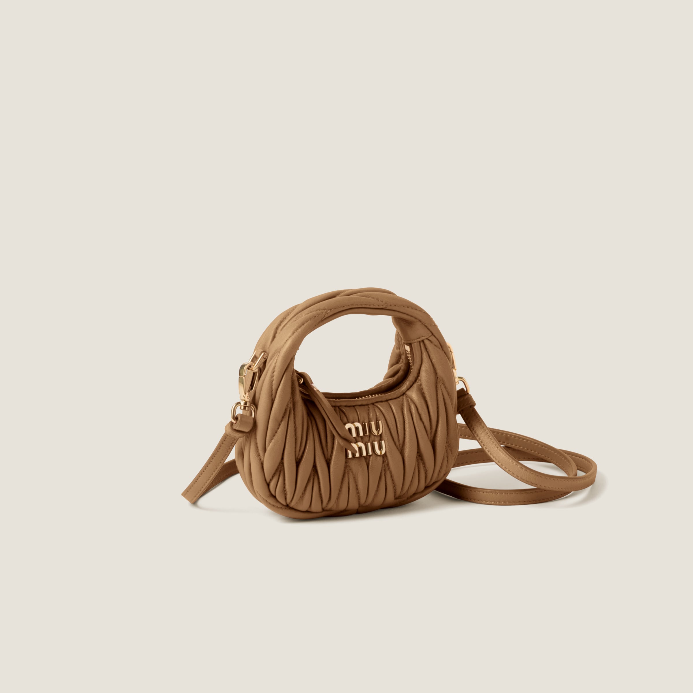 Miu Miu Wander Matelassé Nappa Leather Micro Hobo Bag In Caramel