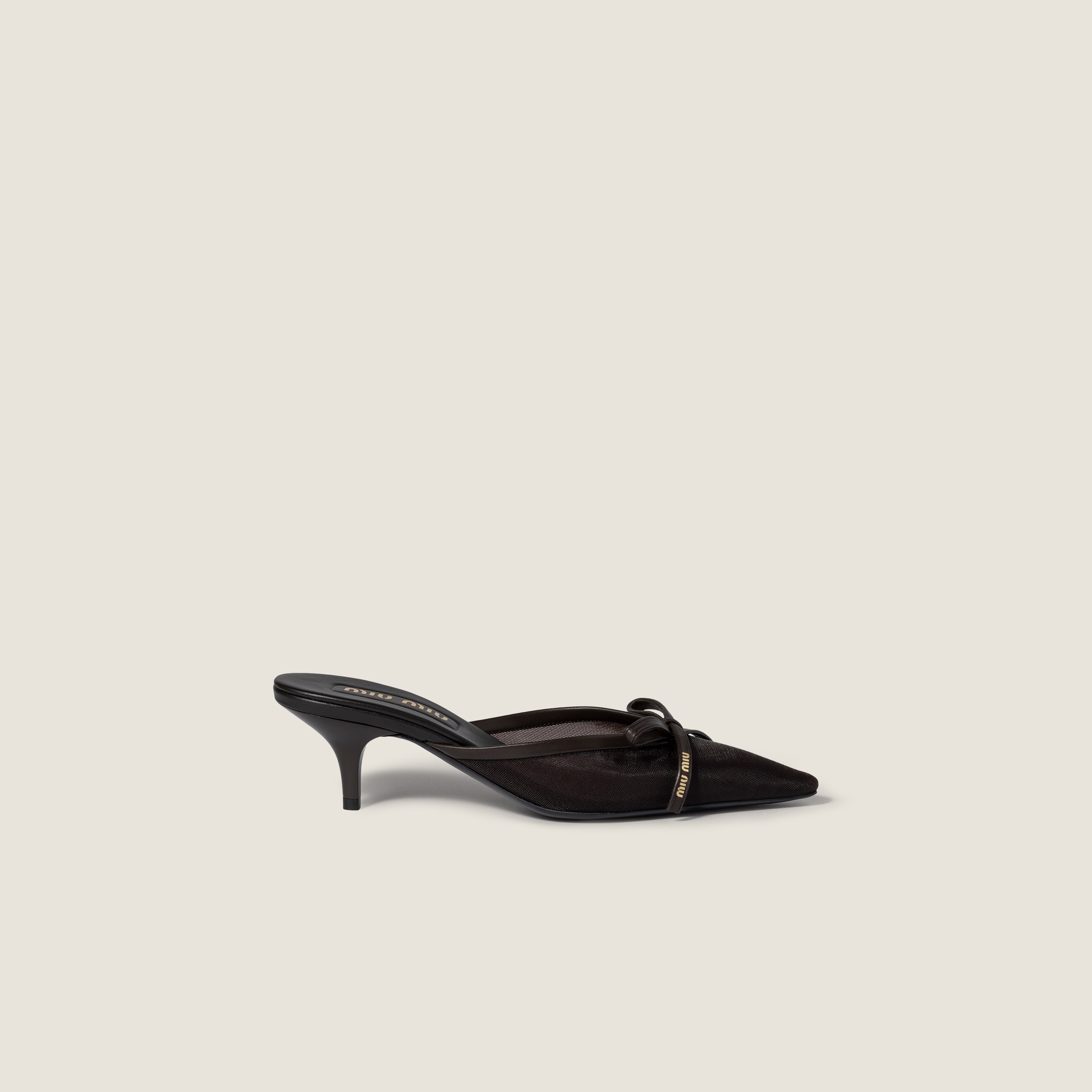 Dark Brown Mesh Fabric Heeled Mules | Miu Miu