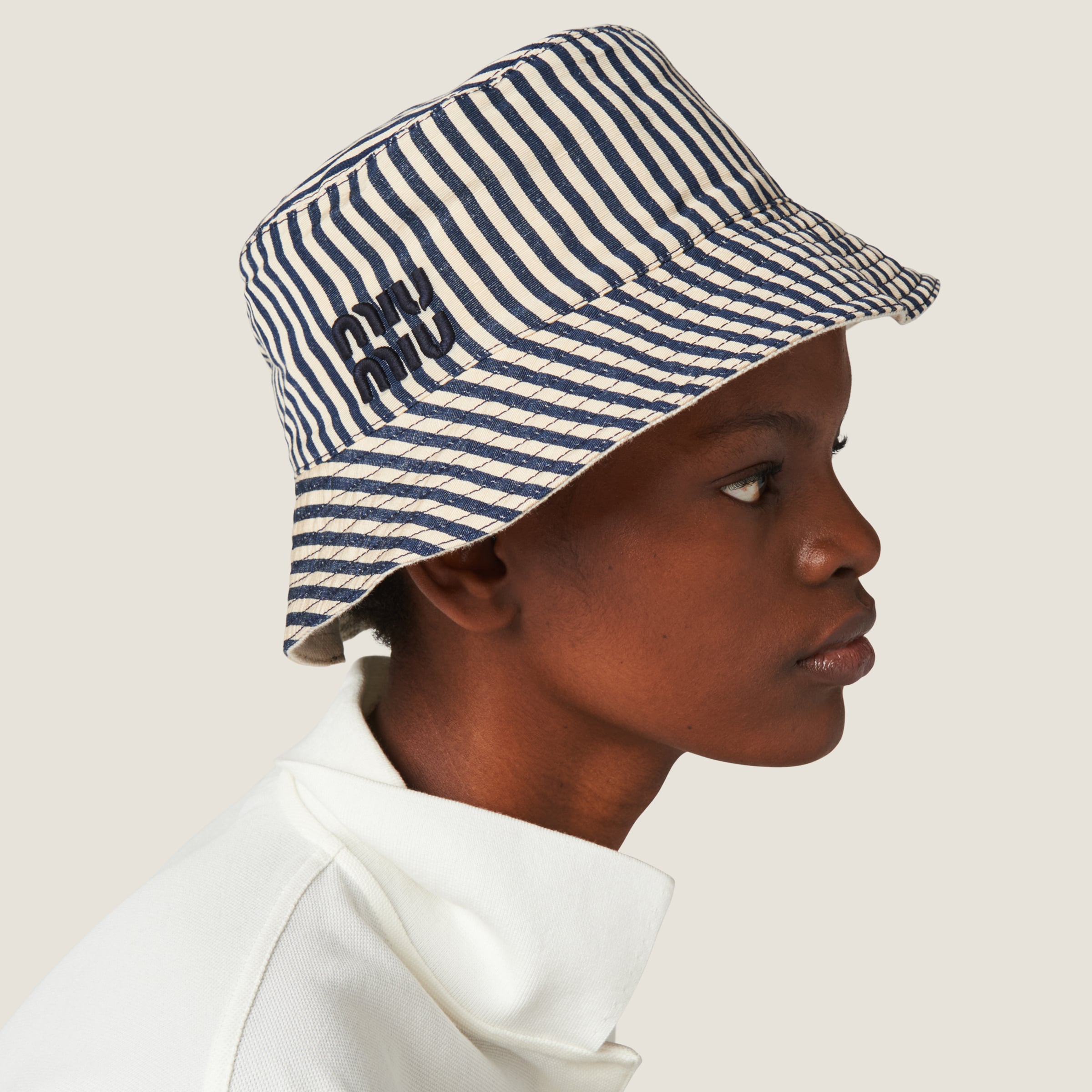 Miu Miu Reversible Hat With Pouch In Beige/baltic Blue