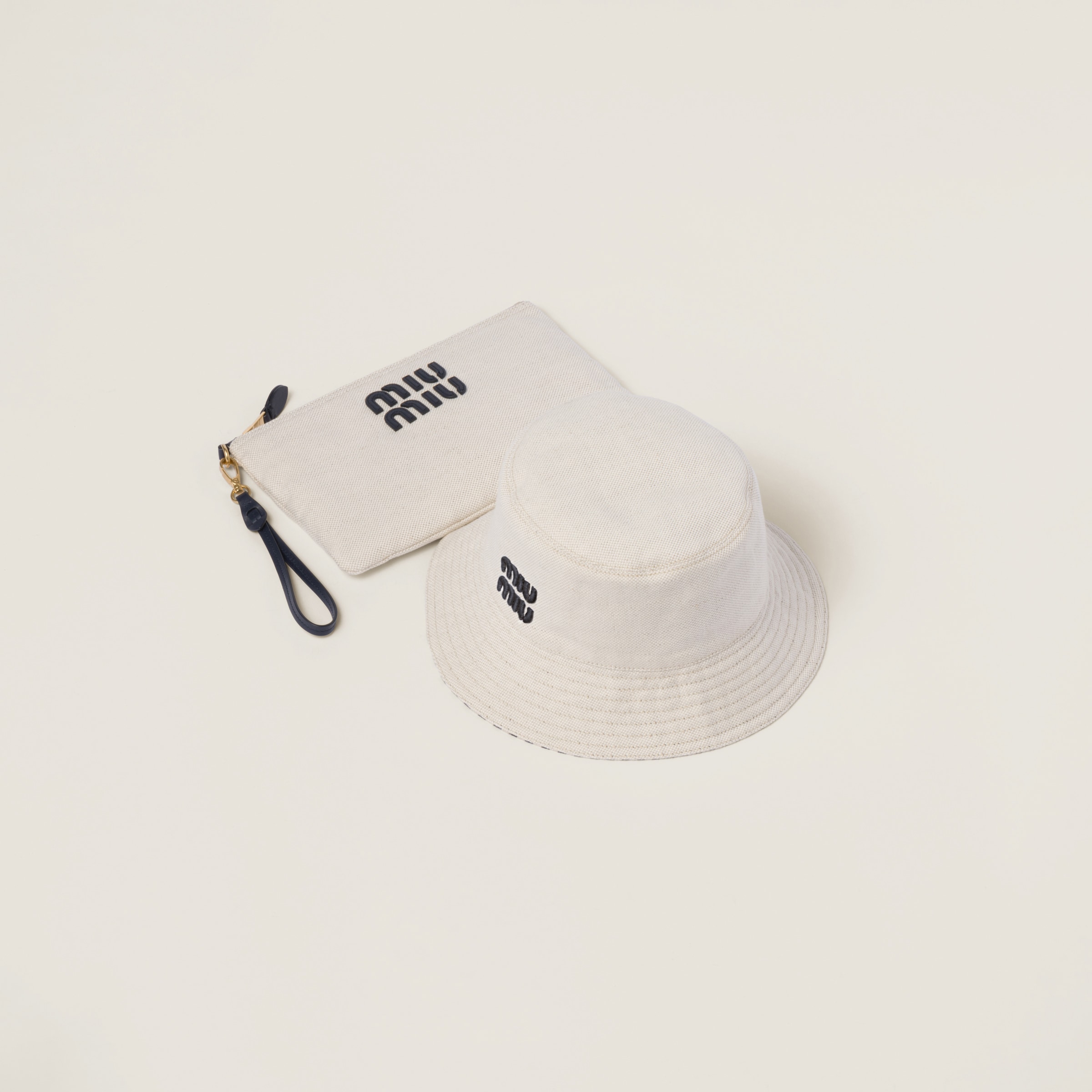 Miumiu Reversible Hat With Pouch In Beige/baltic Blue