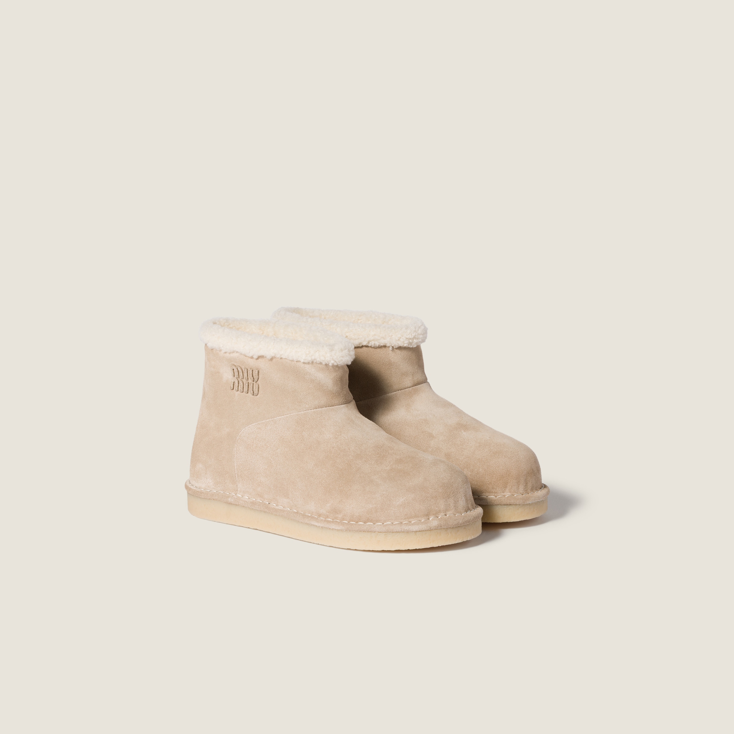 Miu Miu Suede And Shearling Booties In Neutral