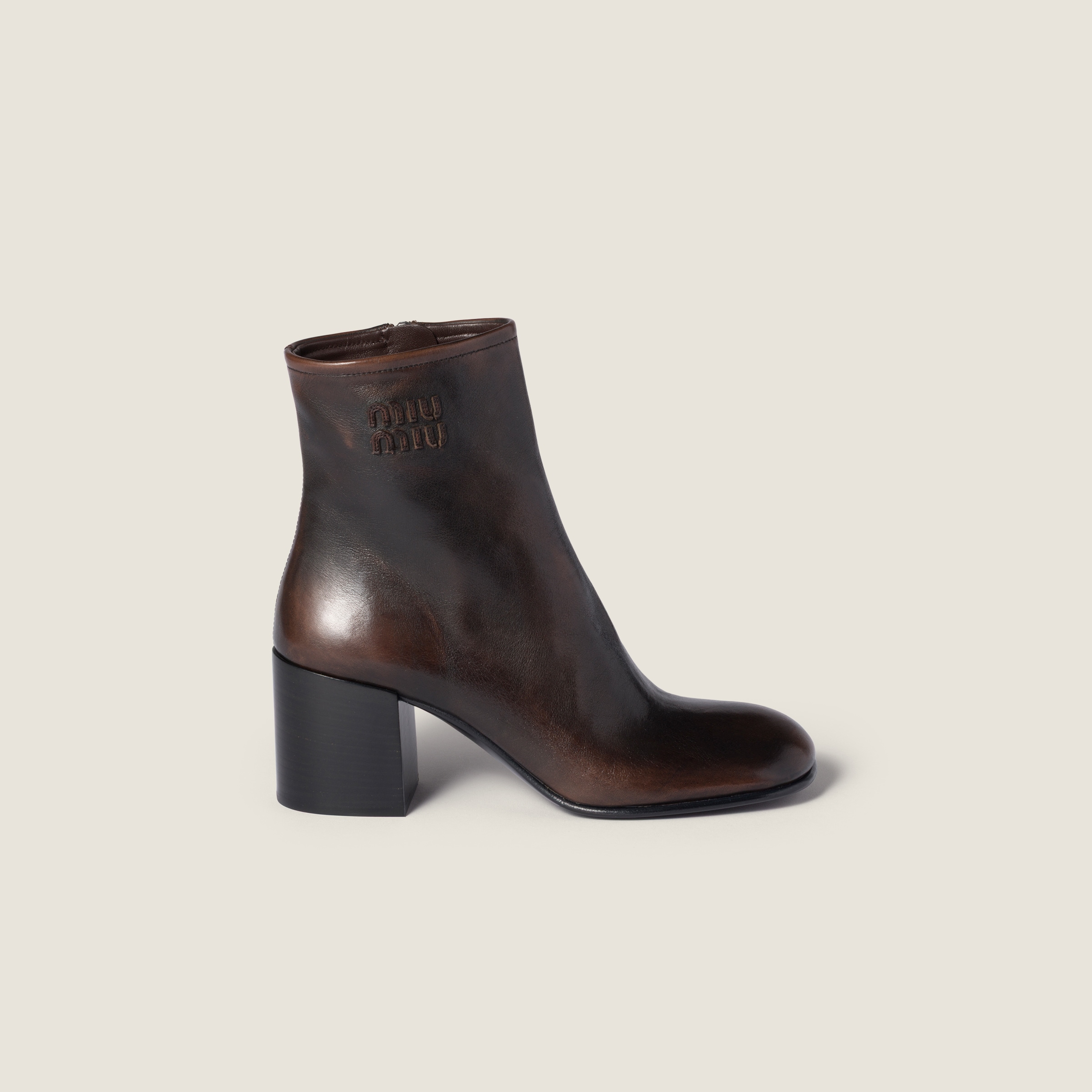 Dark Brown Fumé Calf Booties | Miu Miu