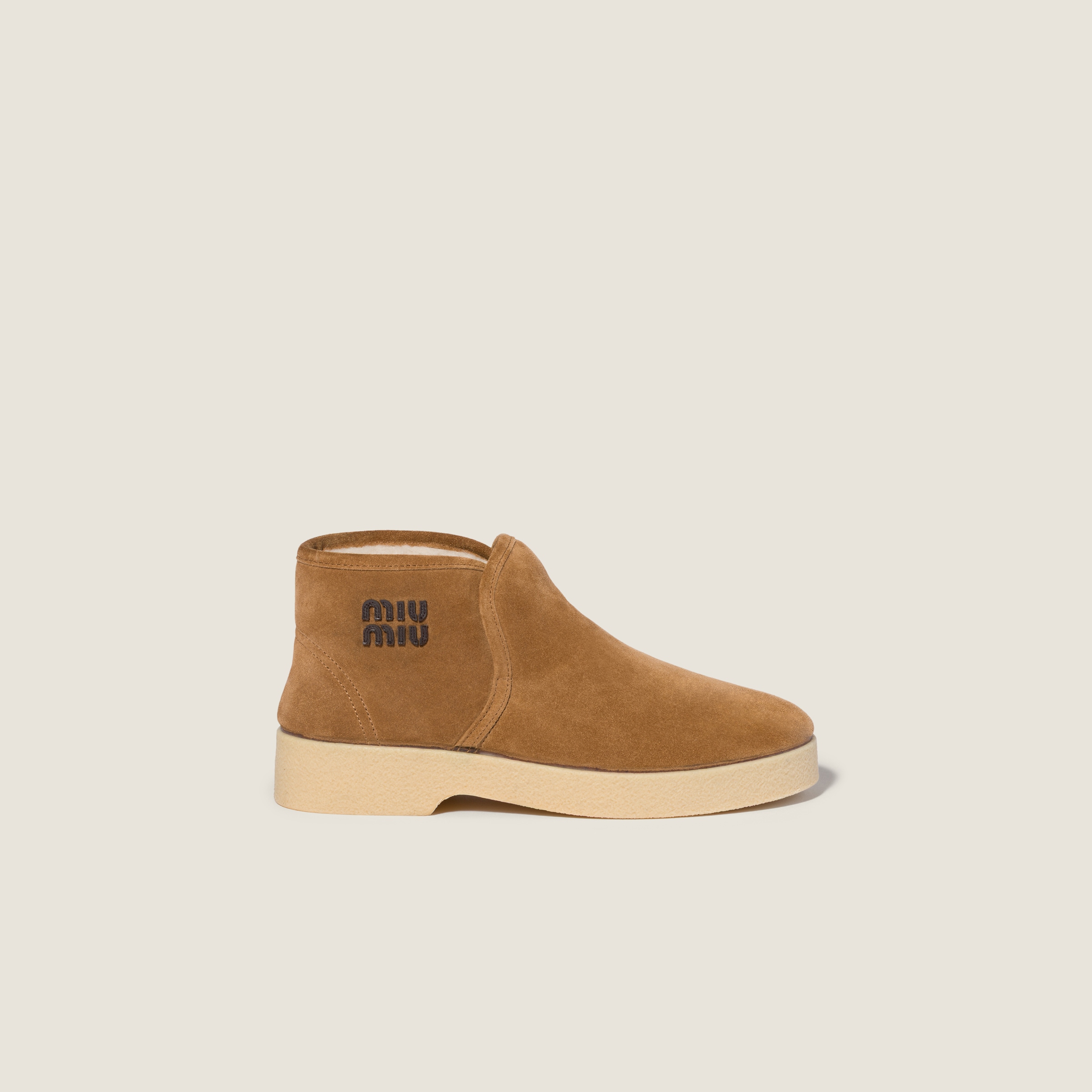 Cinnamon Suede And Shearling Slip-on Booties | Miu Miu