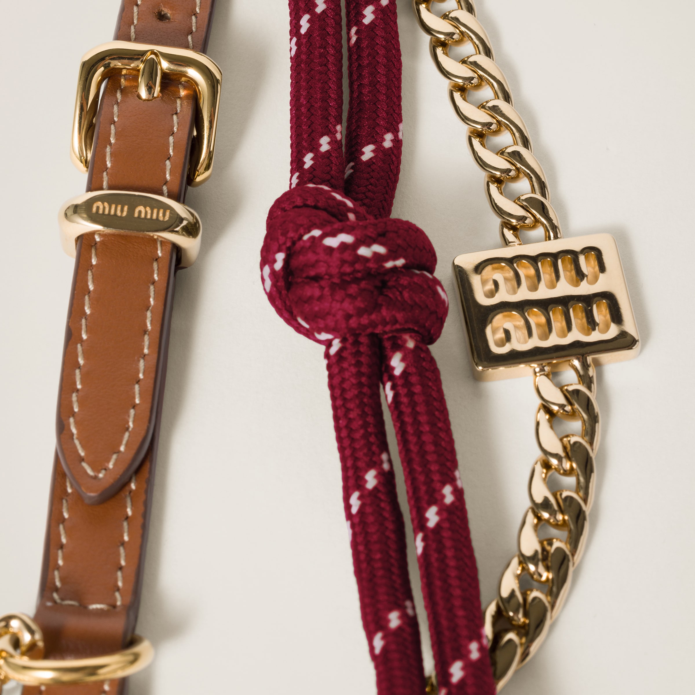 Briarwood/amaranth Leather, Cord And Metal Trick Keyring | Miu Miu