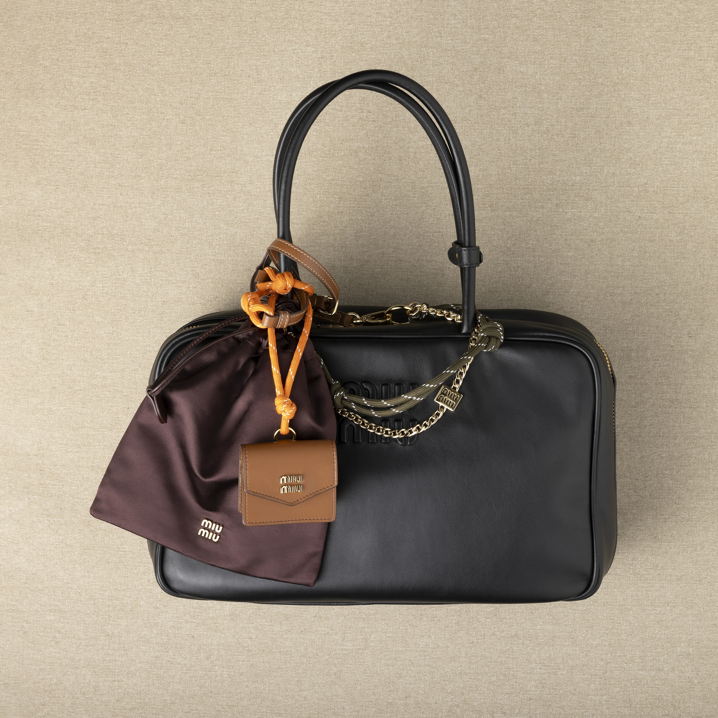 Miu Miu Leather, Cord And Metal Trick In Cognac/forest Green