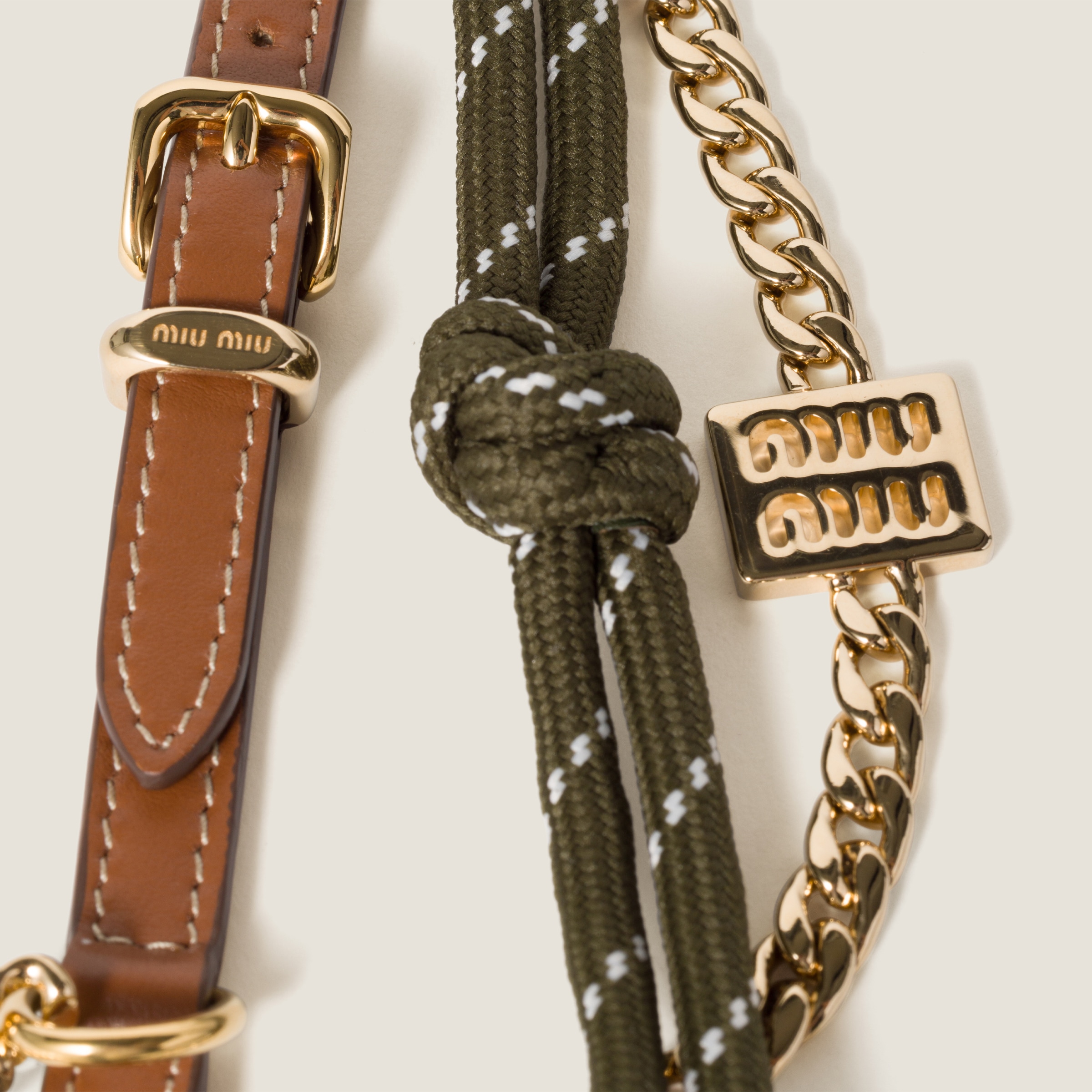 Miu Miu Leather, Cord And Metal Trick In Cognac/forest Green