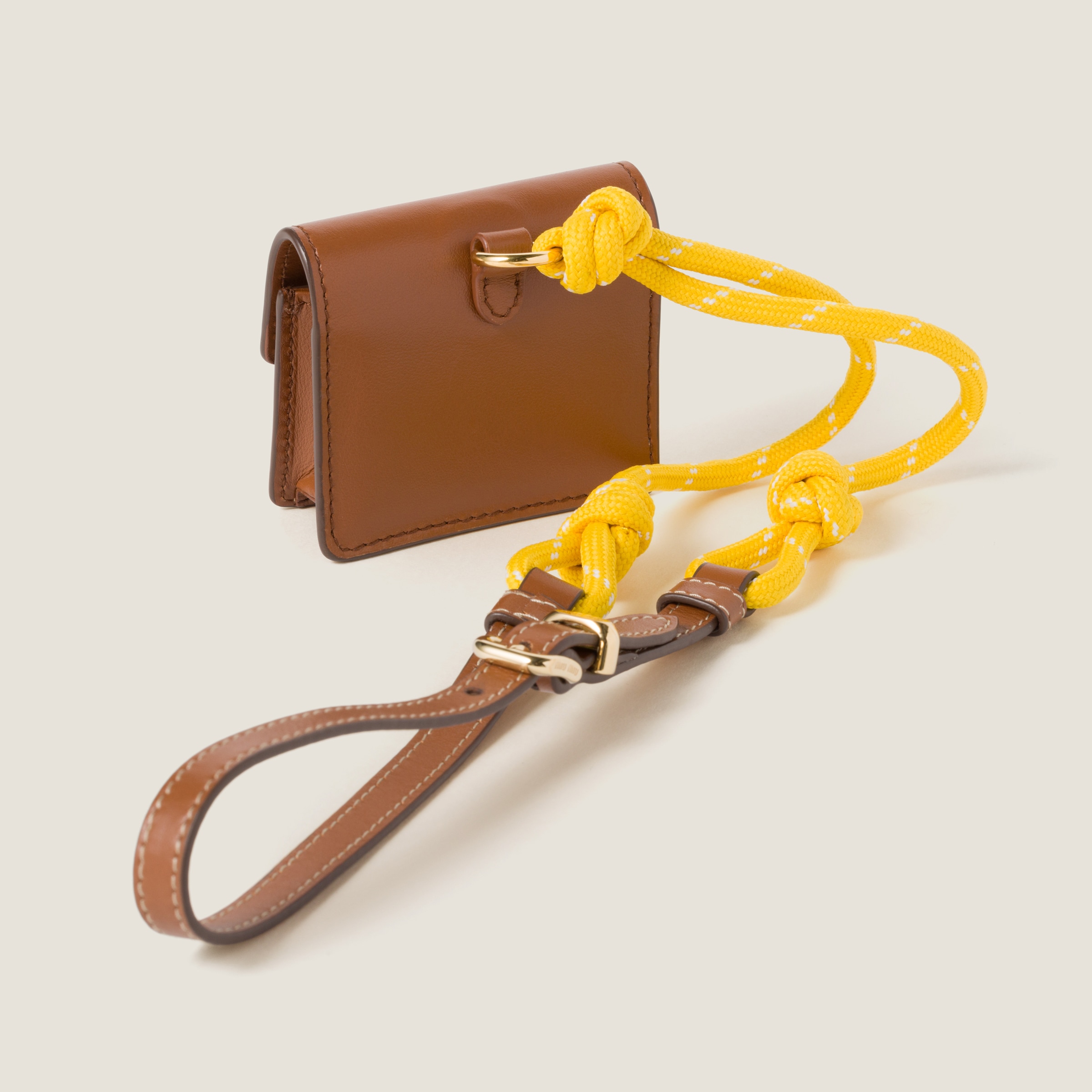 Cognac/yellow Leather, Cord, And Metal Trick With Mini-pouch