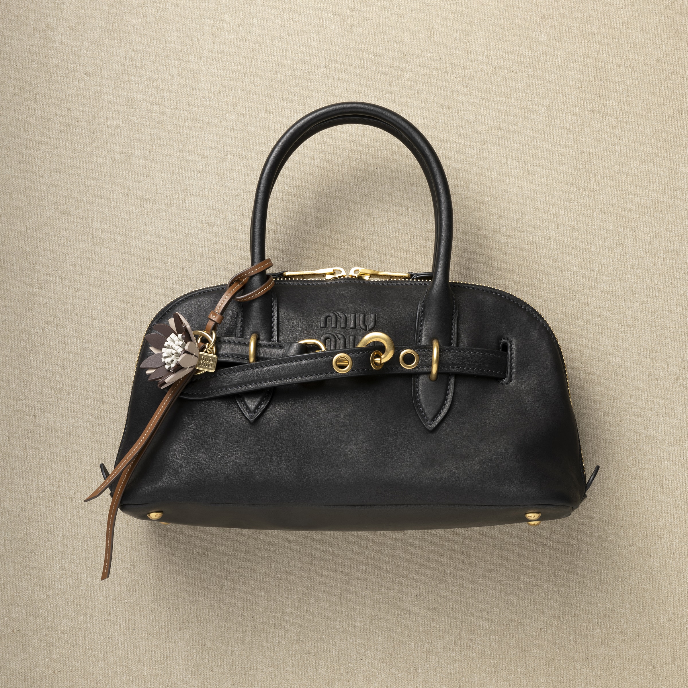 Miu Miu Trick Leather Keyring In Briarwood/powder Beige