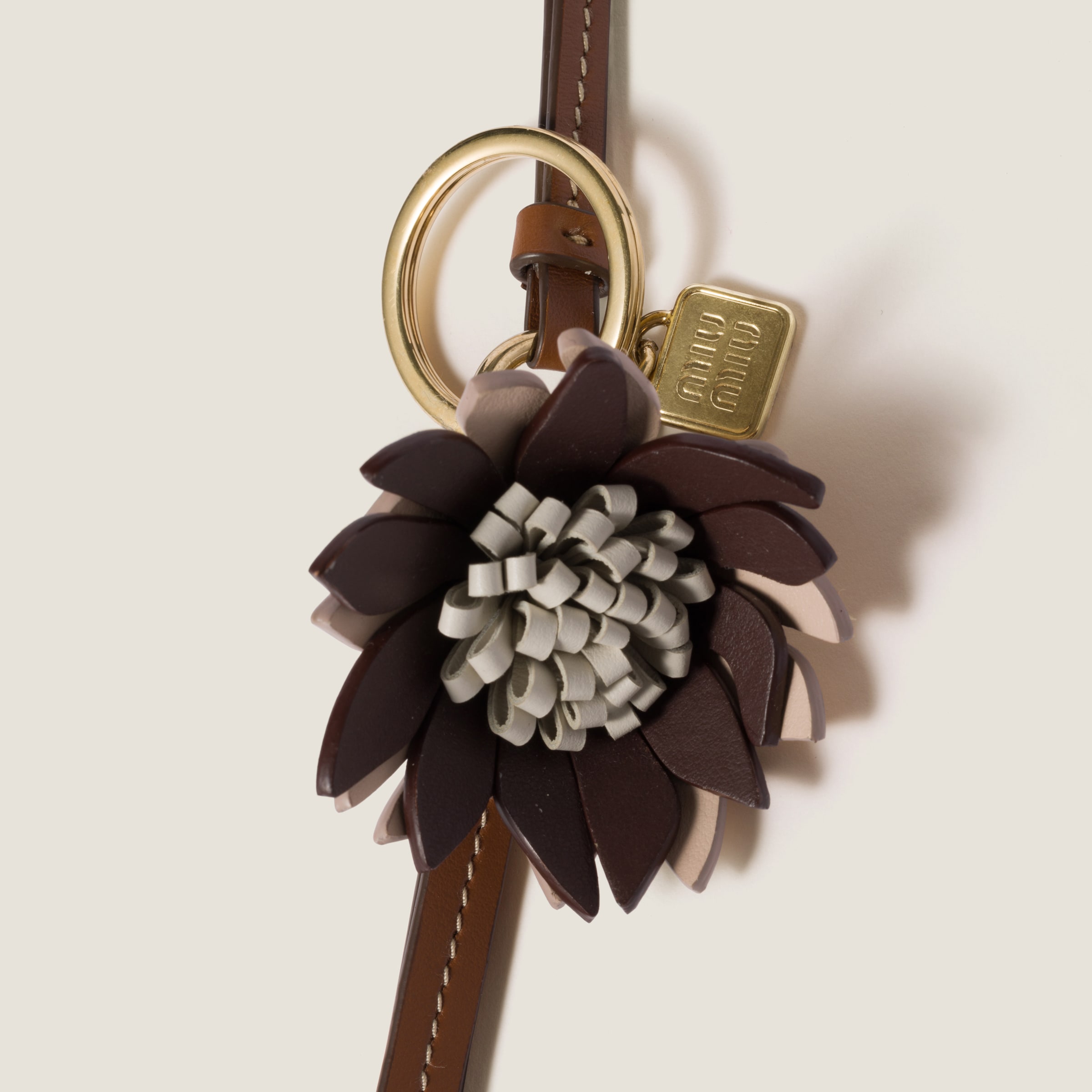 Miu Miu Trick Leather Keyring In Briarwood/powder Beige