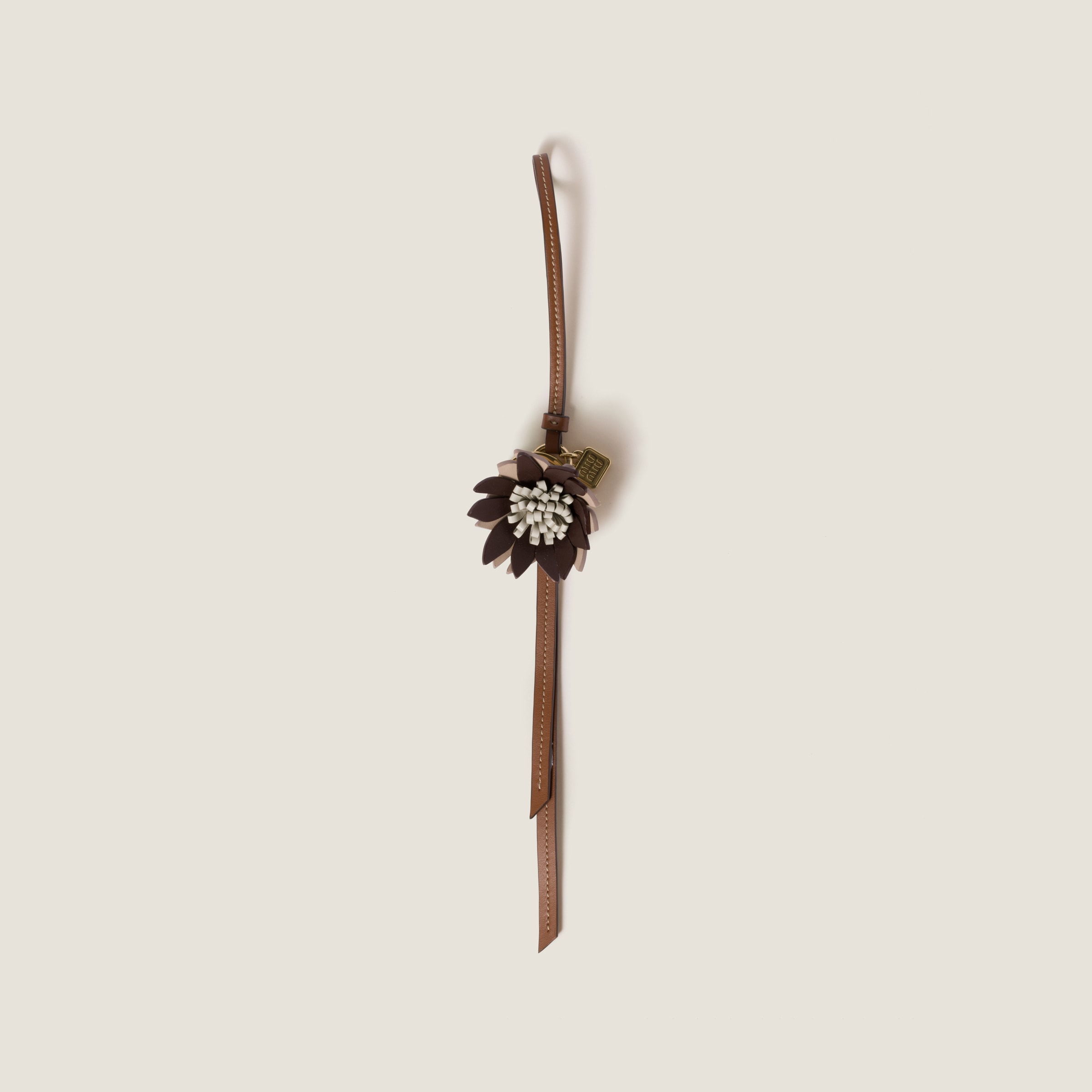Miu Miu Trick Leather Keyring In Briarwood/powder Beige