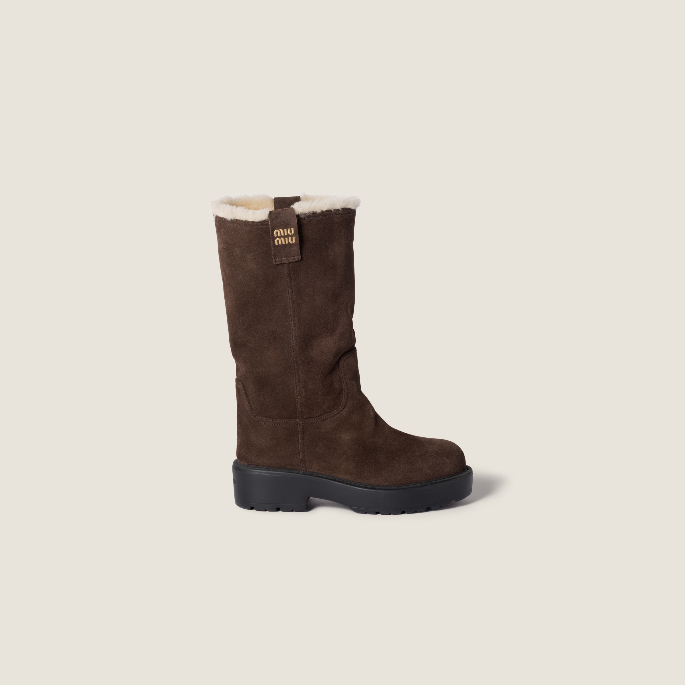 Dark Brown Suede And Shearling Mid-calf Boot | Miu Miu