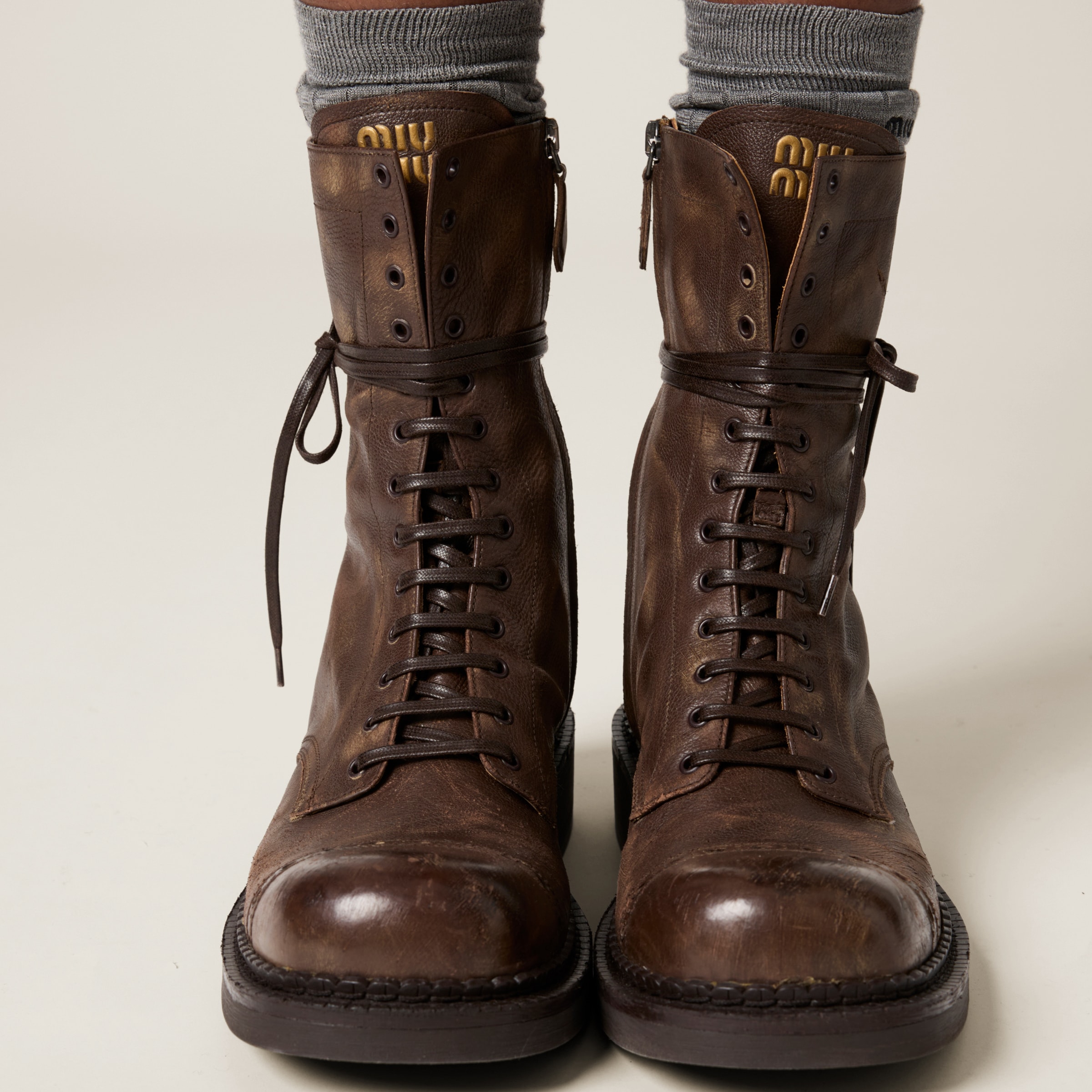 Cocoa Brown Leather Laced Booties Miu Miu