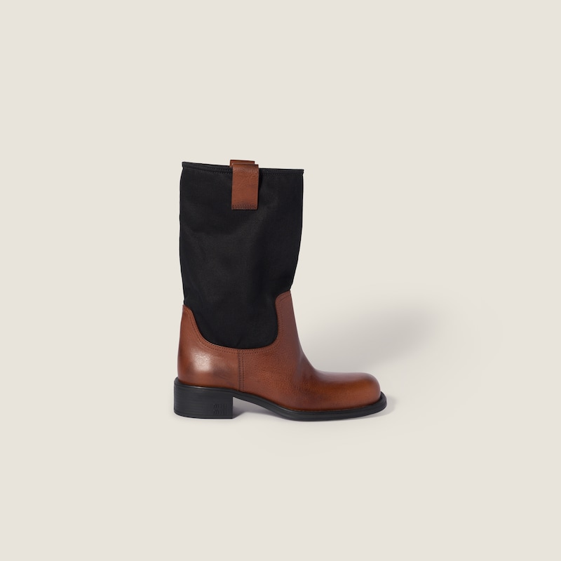 Leather and drill mid-calf boots
