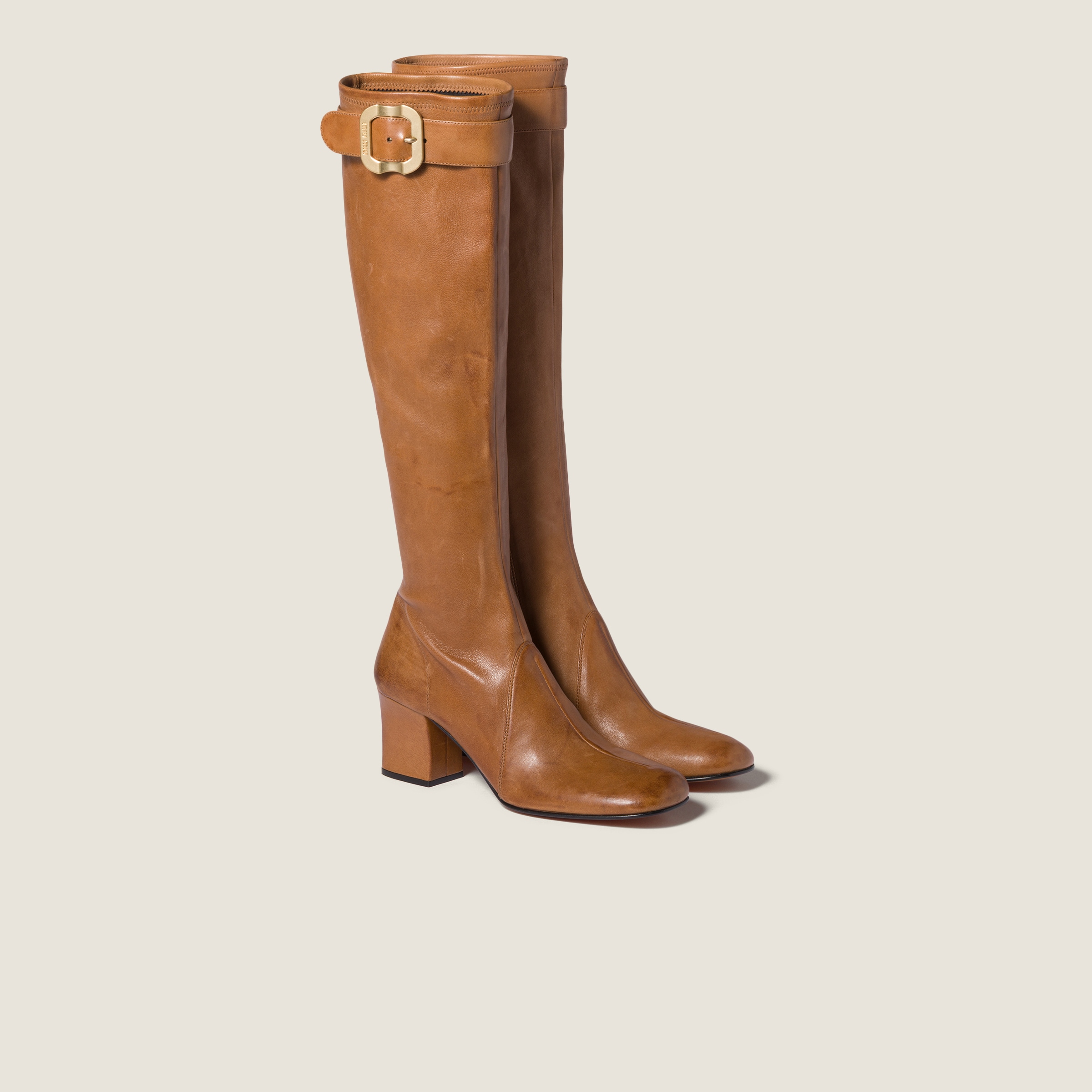 Miu Miu Stivali Stretch Leather Buckle Over-the-knee Boots In Brown
