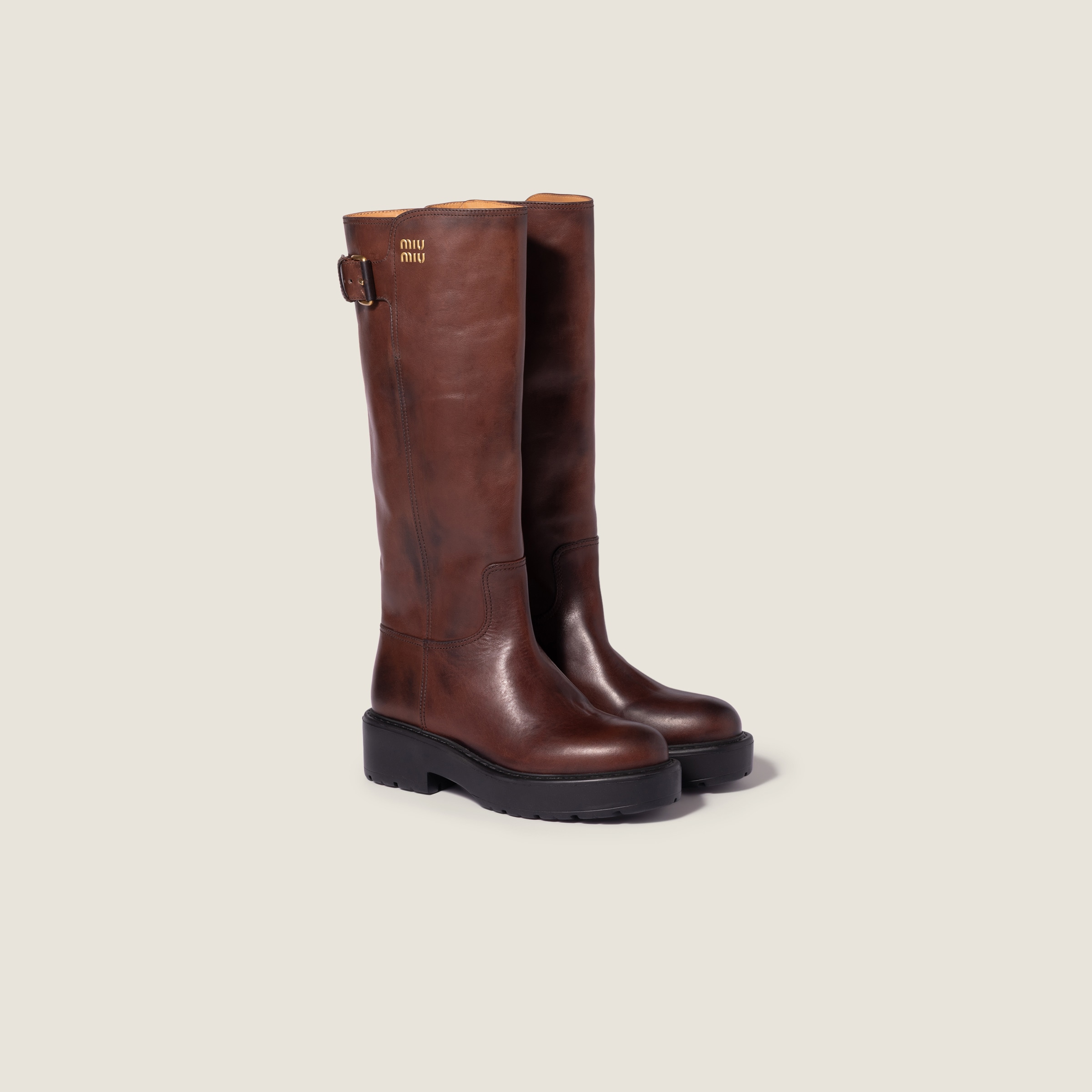 Coffee Leather Boots | Miu Miu - United States