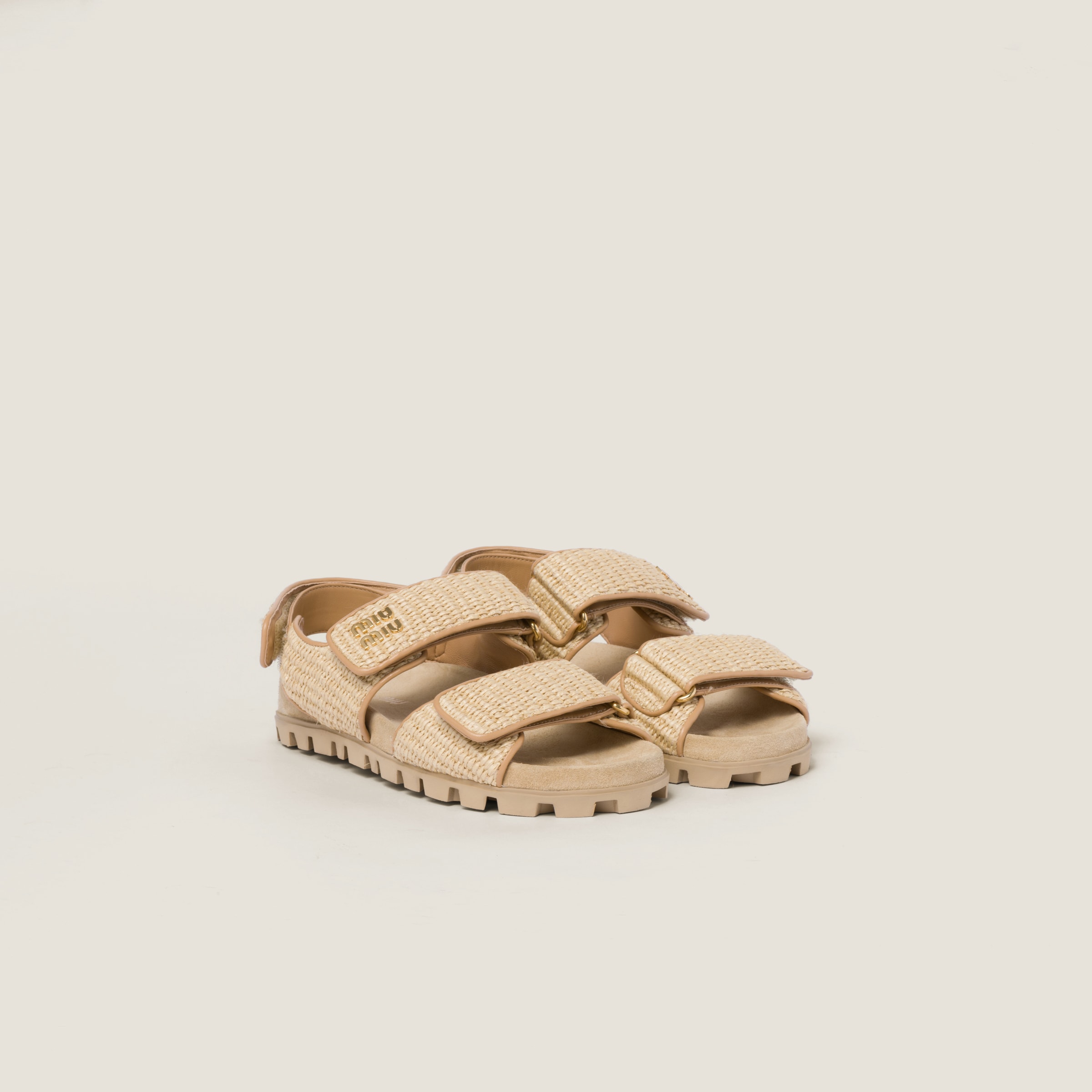 Miumiu Sporty Raffia-effect Woven Fabric Sandals In Brown