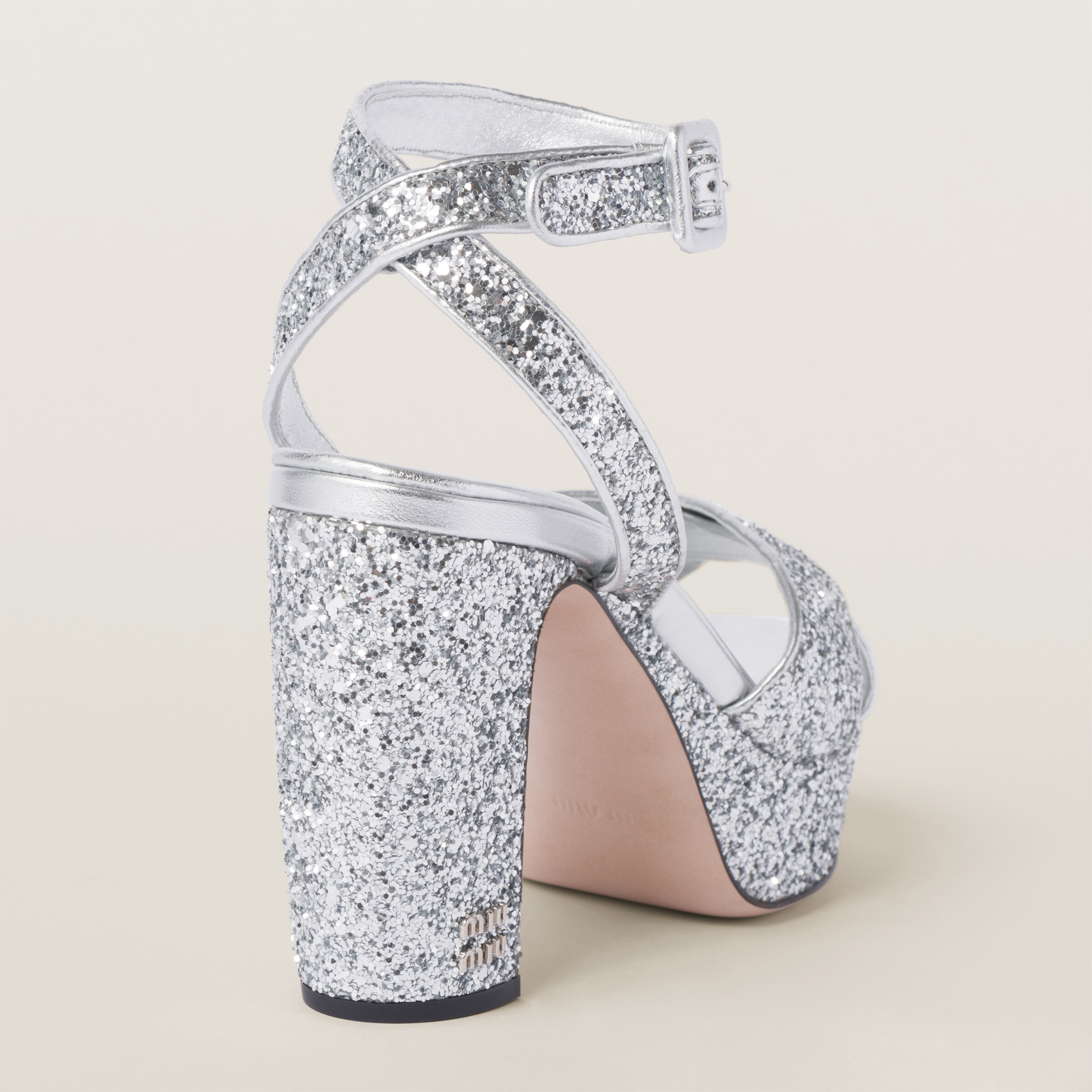 Silver Glitter Sandals Miu Miu