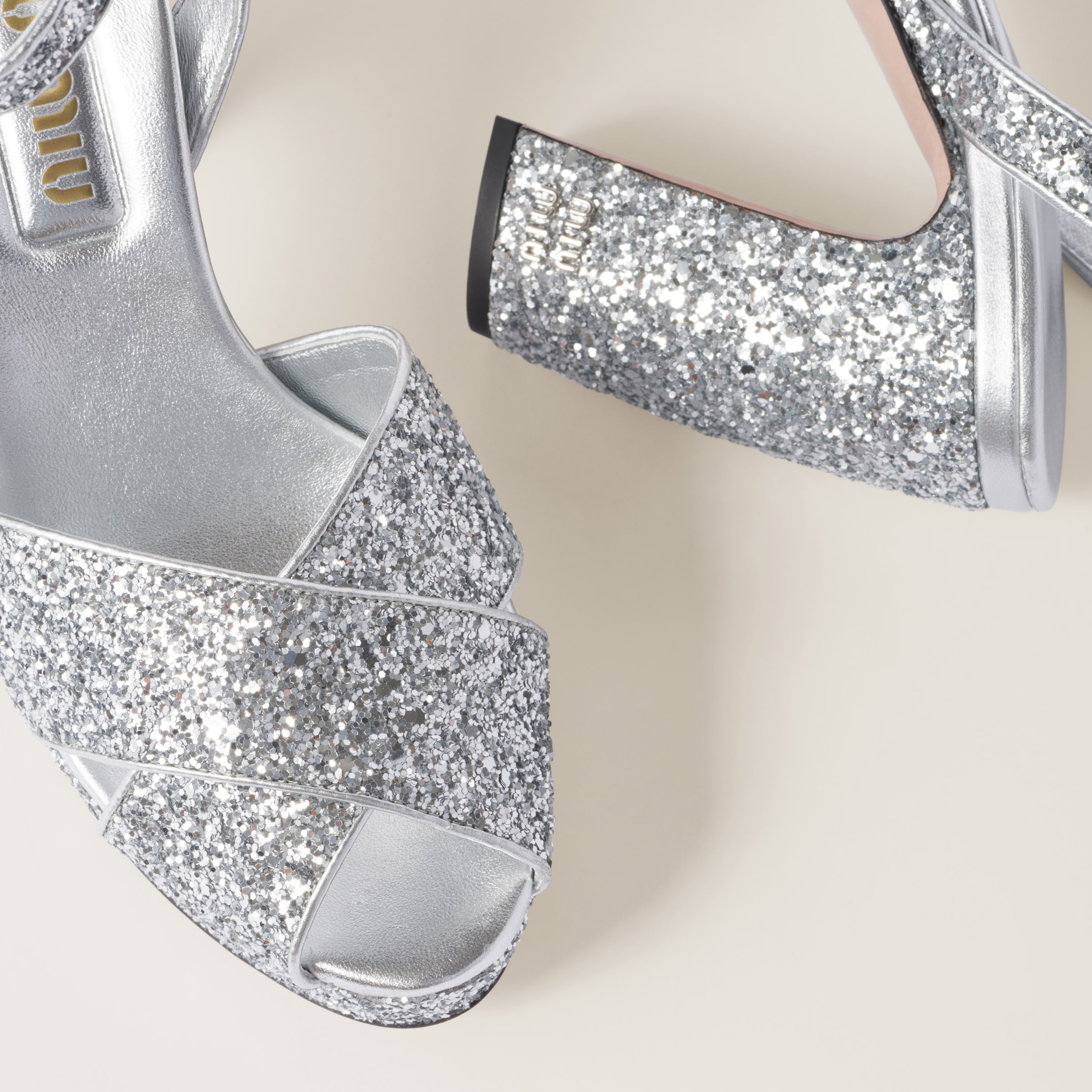 Silver Glitter Sandals Miu Miu
