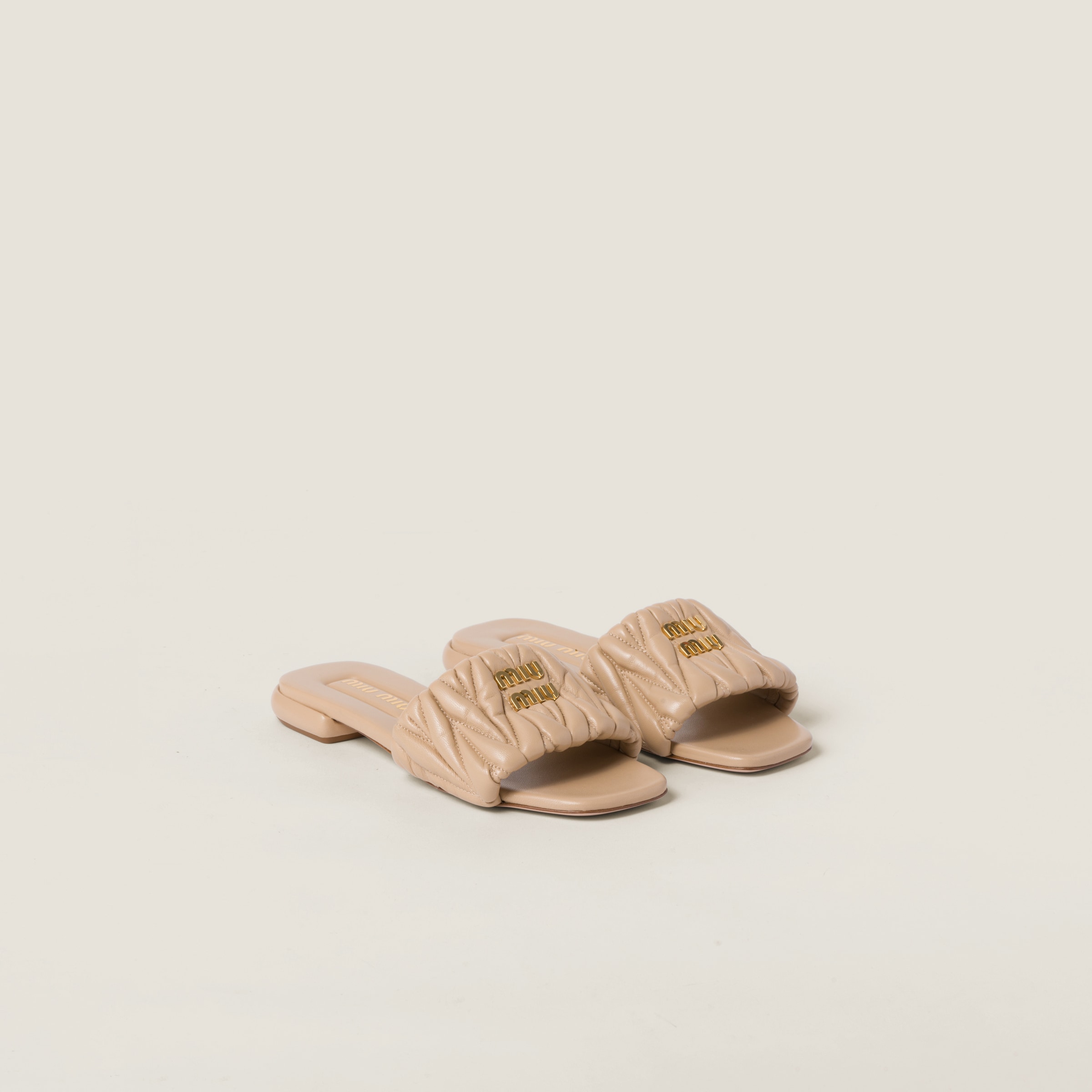 Miu Miu Matelassé Nappa Leather Slides In Sand Beige