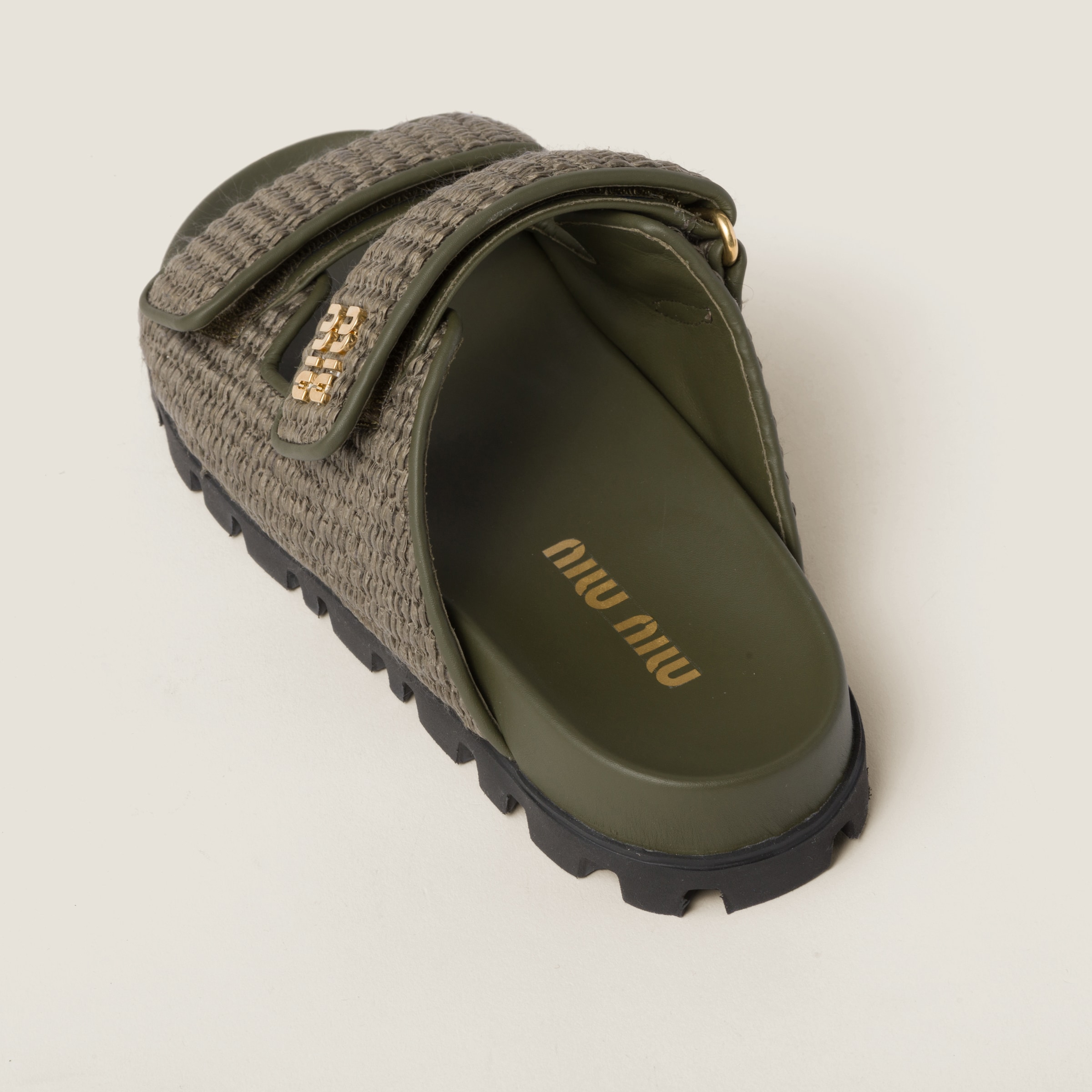 Miu Miu Raffia-effect Woven Fabric Slides In Military Green