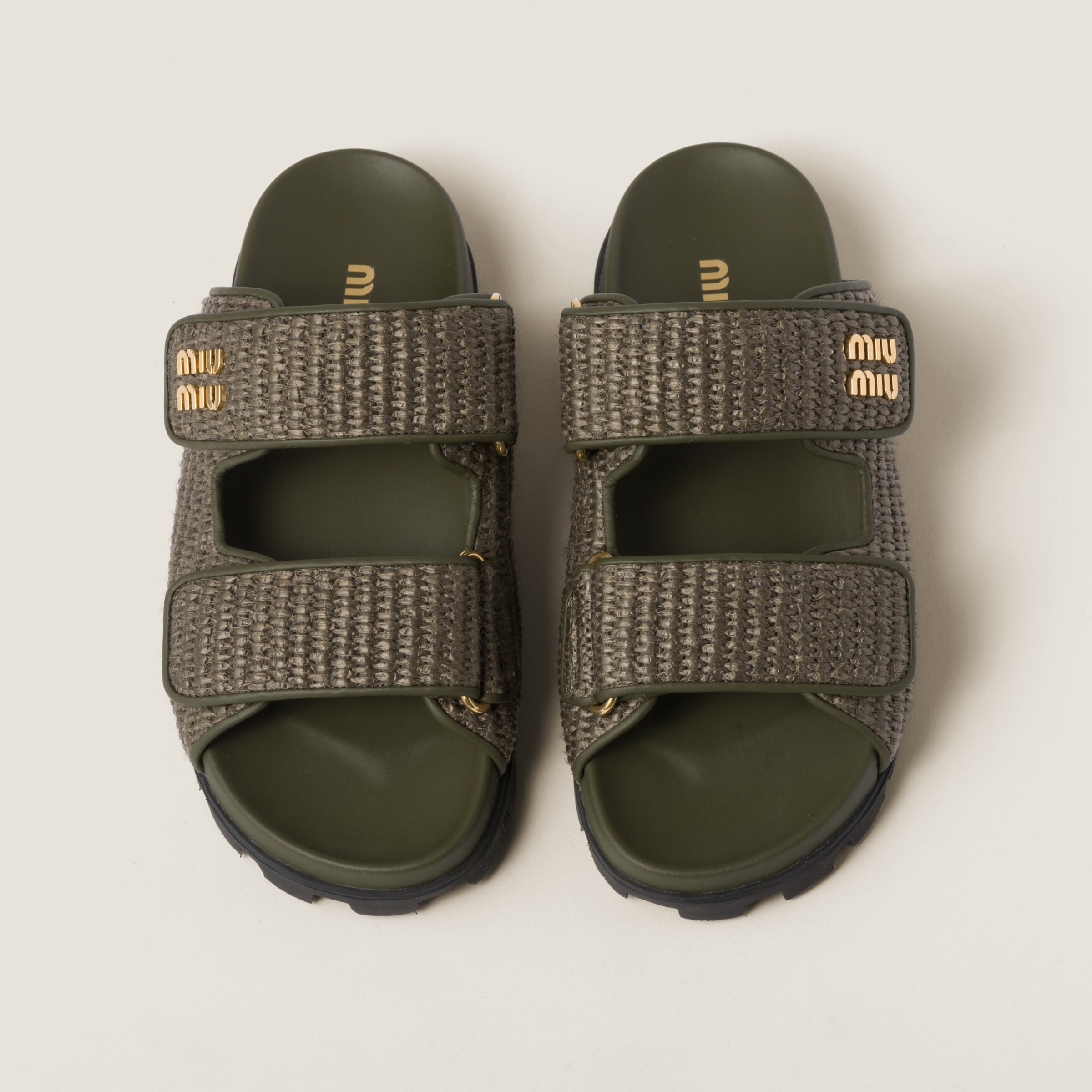 Miu Miu Raffia-effect Woven Fabric Slides In Military Green