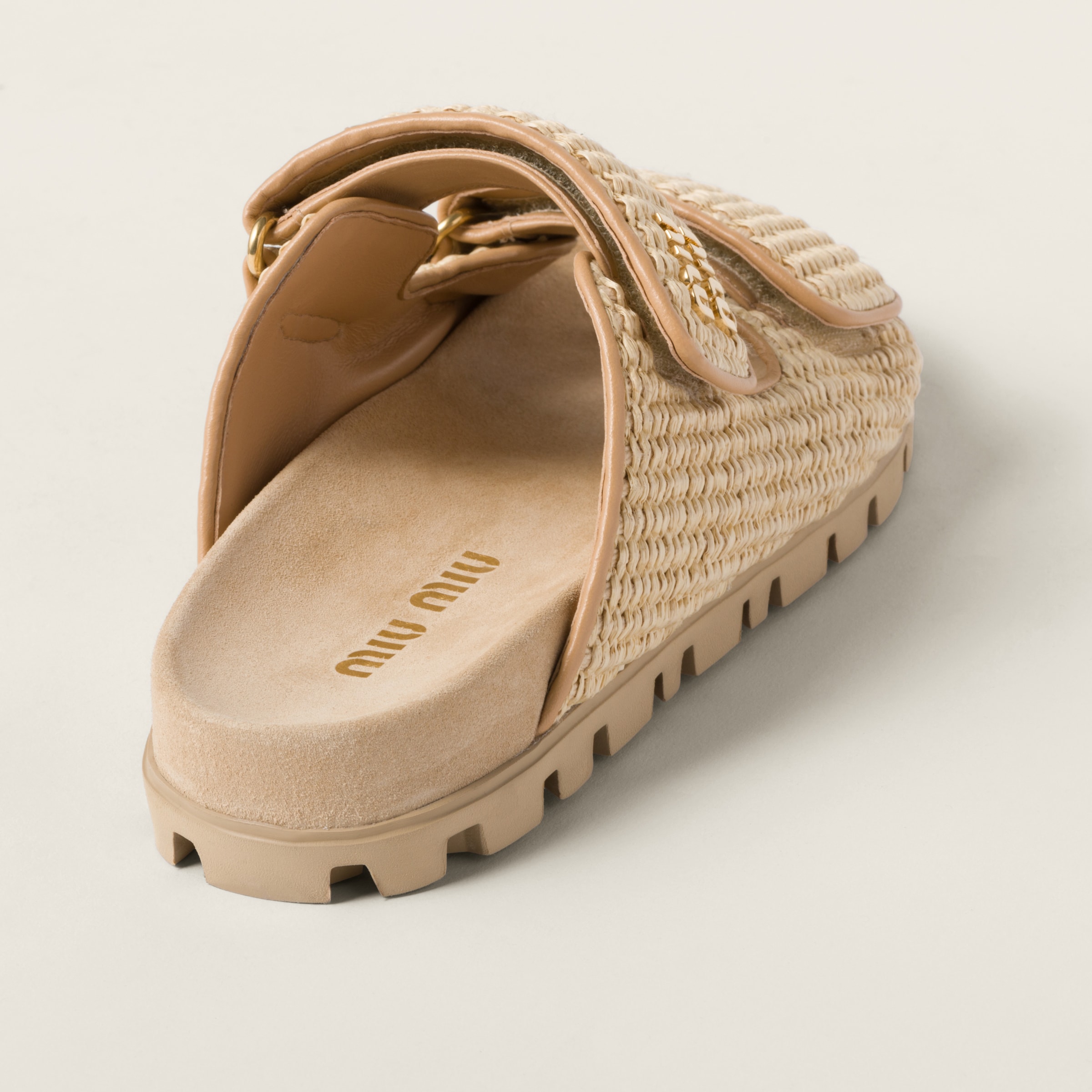 MIU MIU RAFFIA-EFFECT WOVEN FABRIC SLIDES