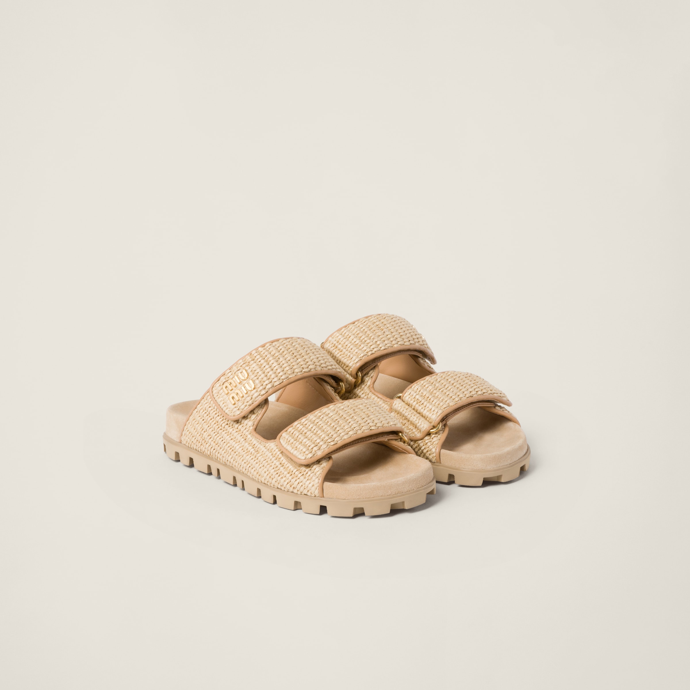 Miumiu Raffia-effect Woven Fabric Slides In Natural