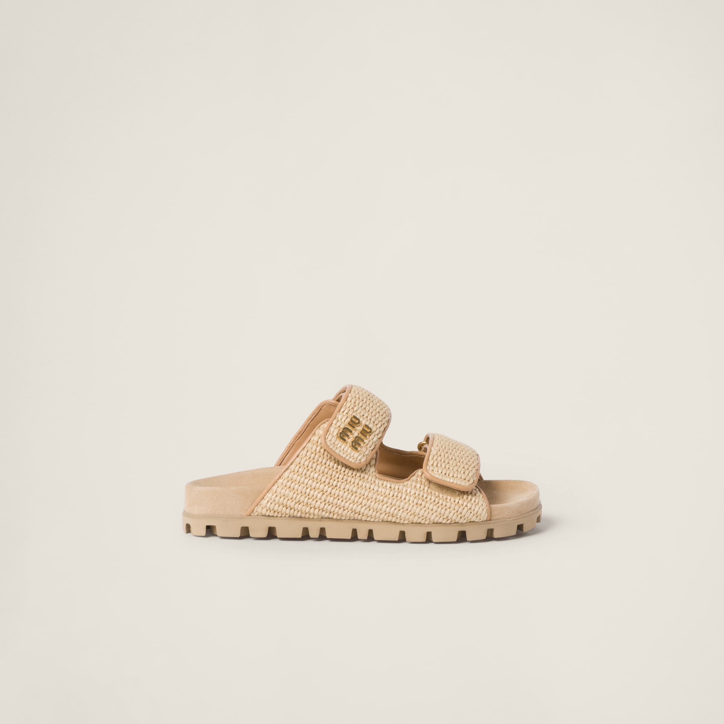 MIU MIU RAFFIA-EFFECT WOVEN FABRIC SLIDES