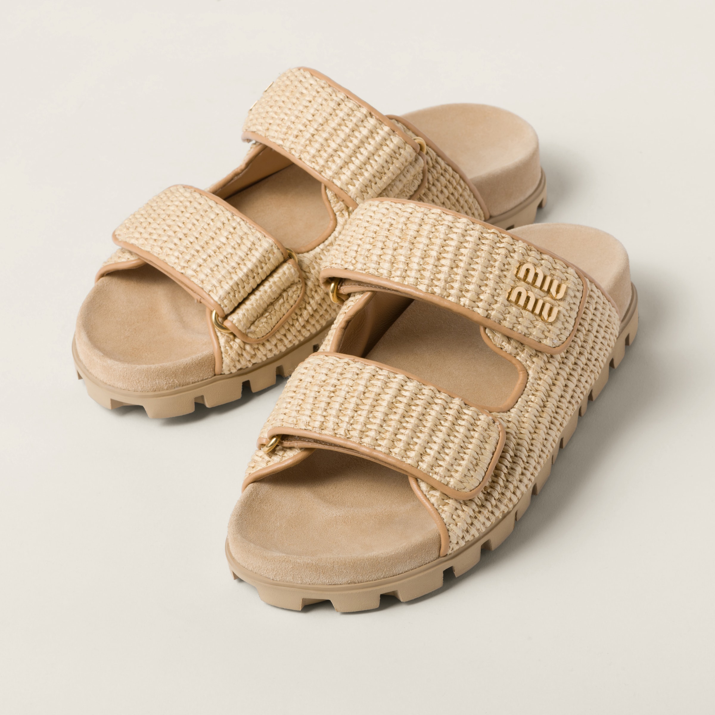 MIU MIU RAFFIA-EFFECT WOVEN FABRIC SLIDES