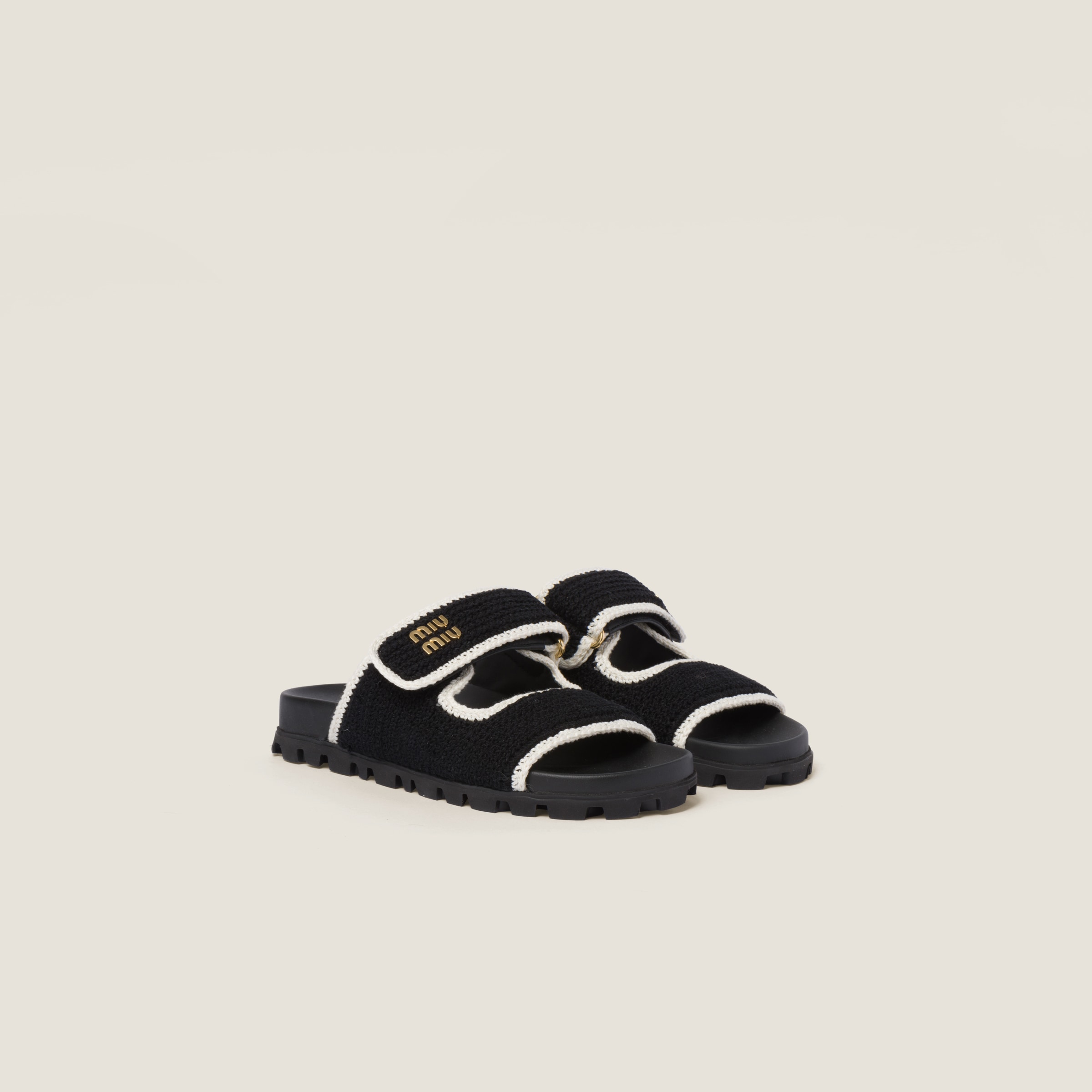 Miu Miu｜SLIPPERS (5XX641 2CQ2 F057Z) Black/ivory Crochet Knit Slides | Miu Miu