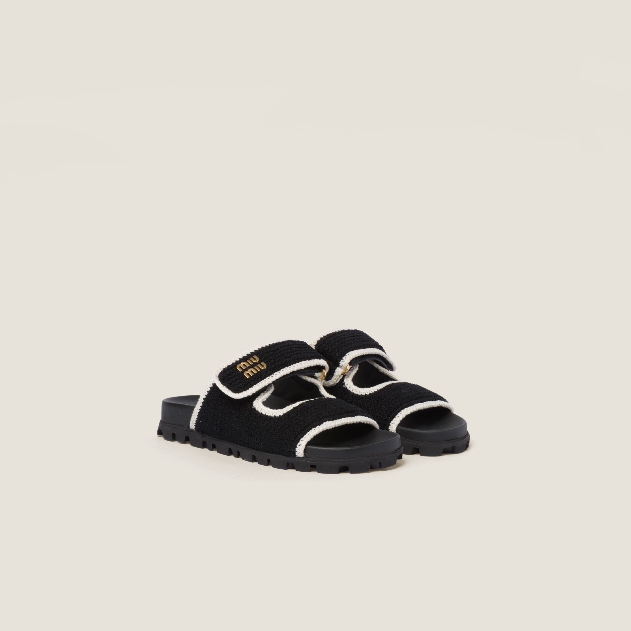 Miumiu Crochet Knit Slides In Black/ivory