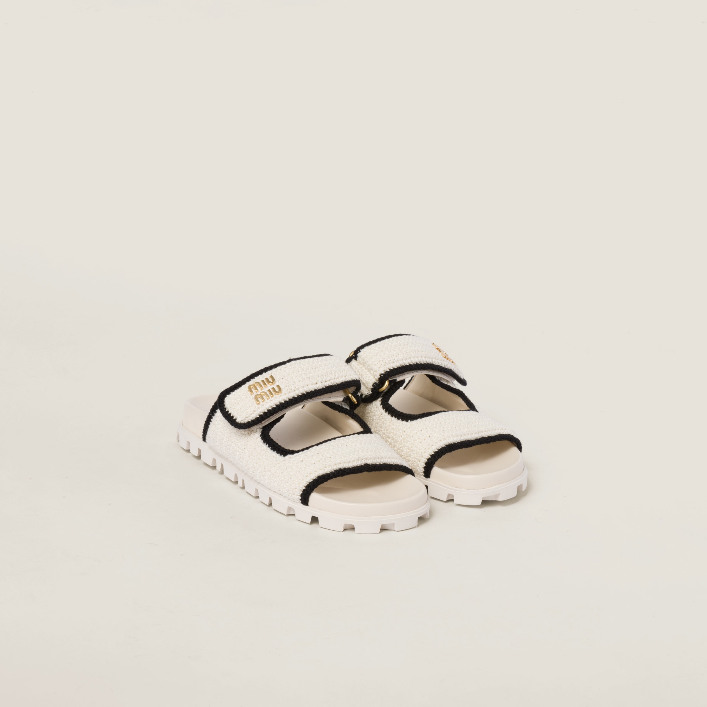 Miu Miu Crochet Knit Slides In Ivory/black