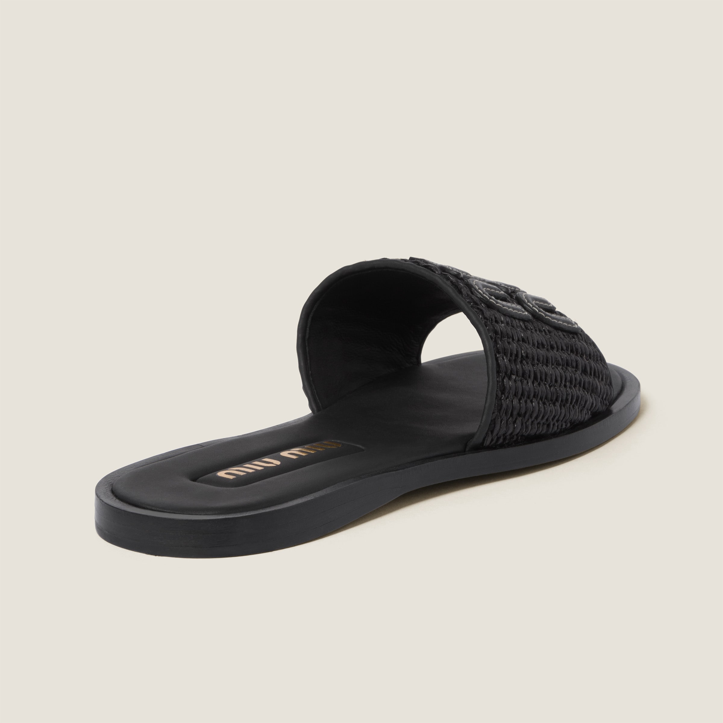 Shop Miumiu Raffia-effect Woven Fabric Slides In Black